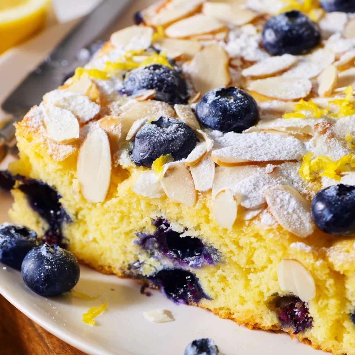 Golden lemon blueberry poke cake with crunchy toasted almond topping garnished with fresh berries