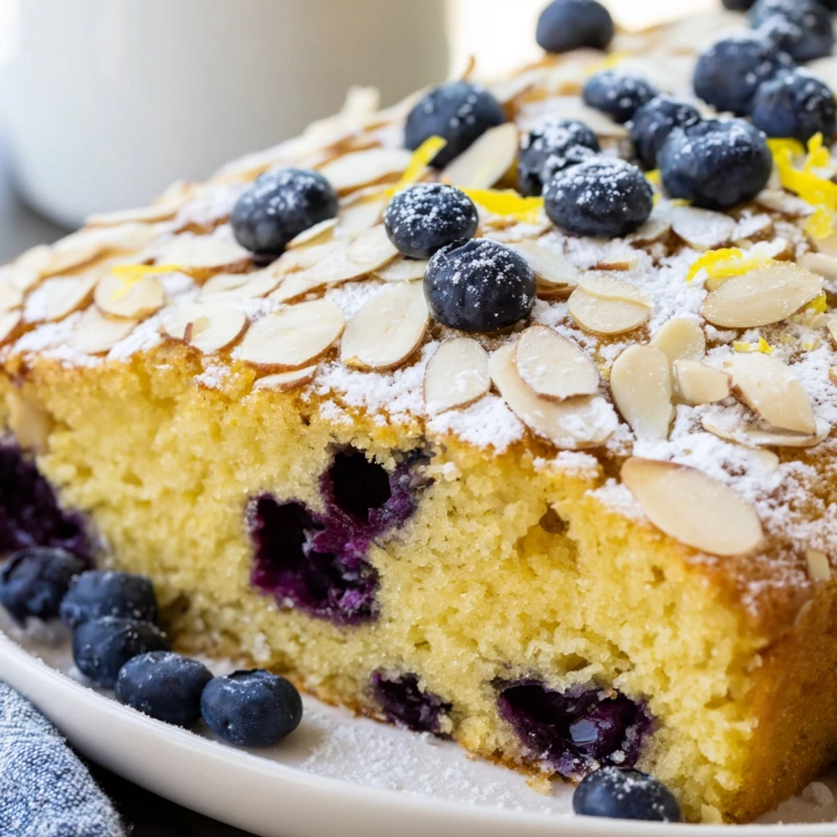Moist lemon blueberry poke cake drizzled with syrup and sprinkled with buttery almonds