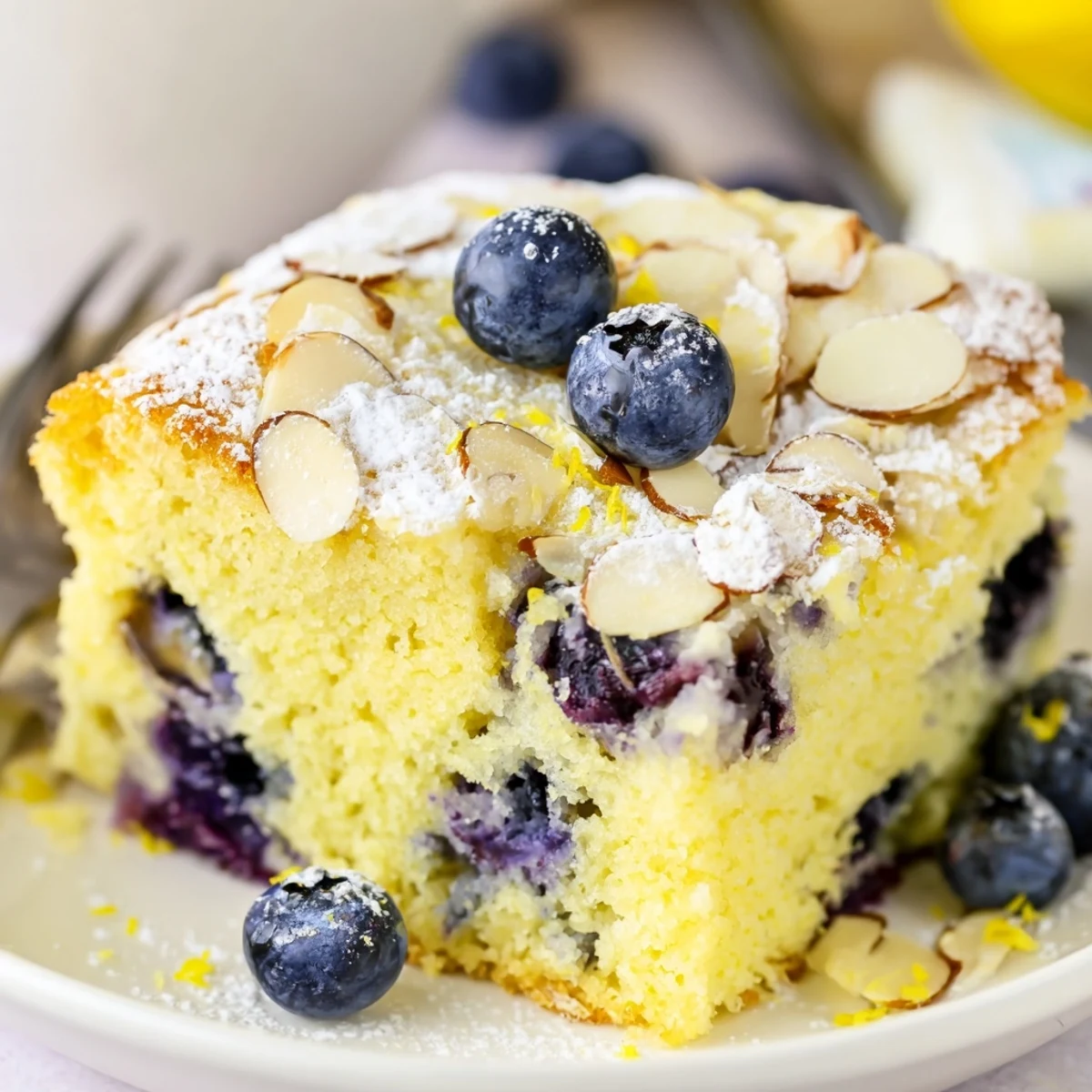 Slice of lemon blueberry poke cake showing pudding-filled layers with almond crumble topping