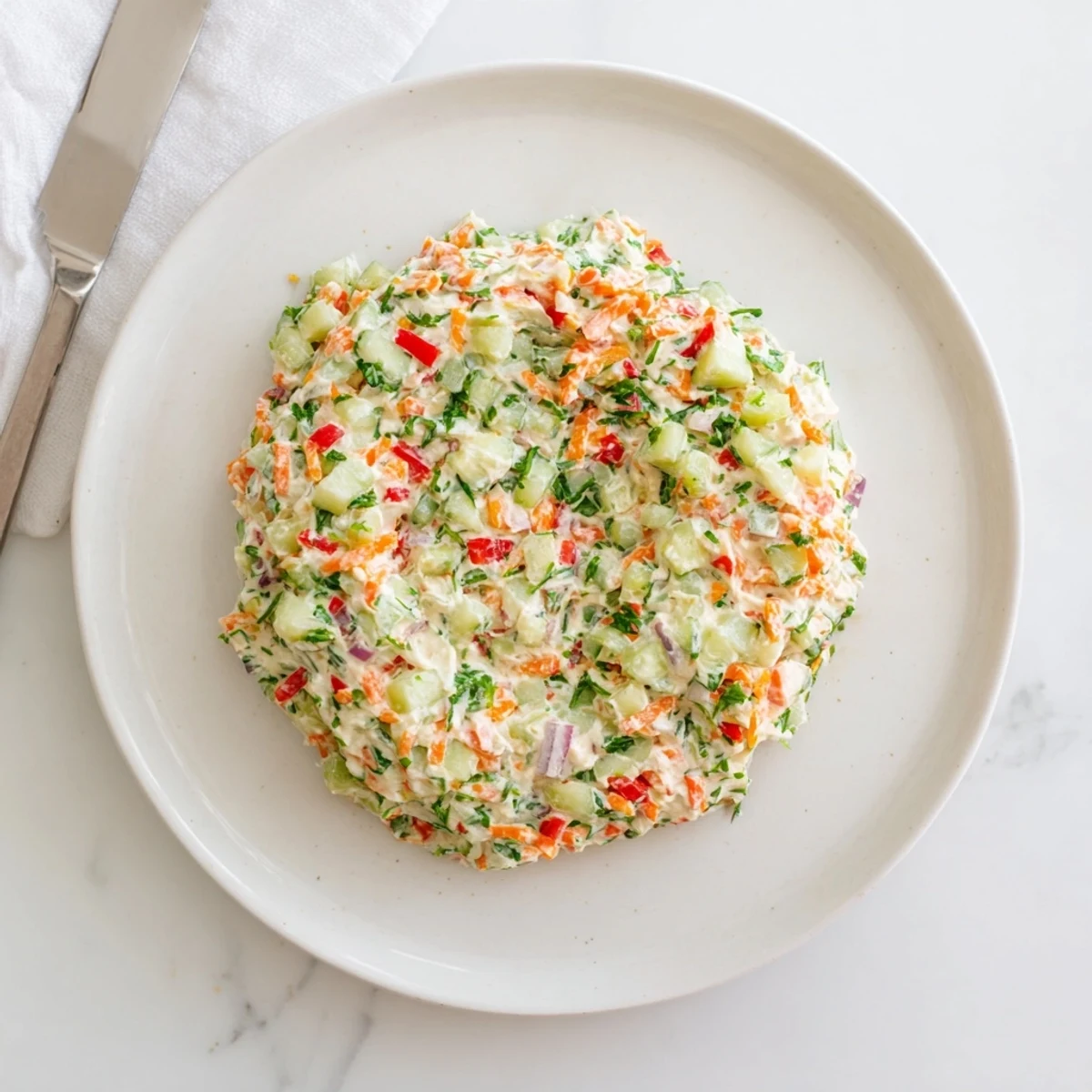 Creamy garden vegetable spread served with crackers on a wooden board