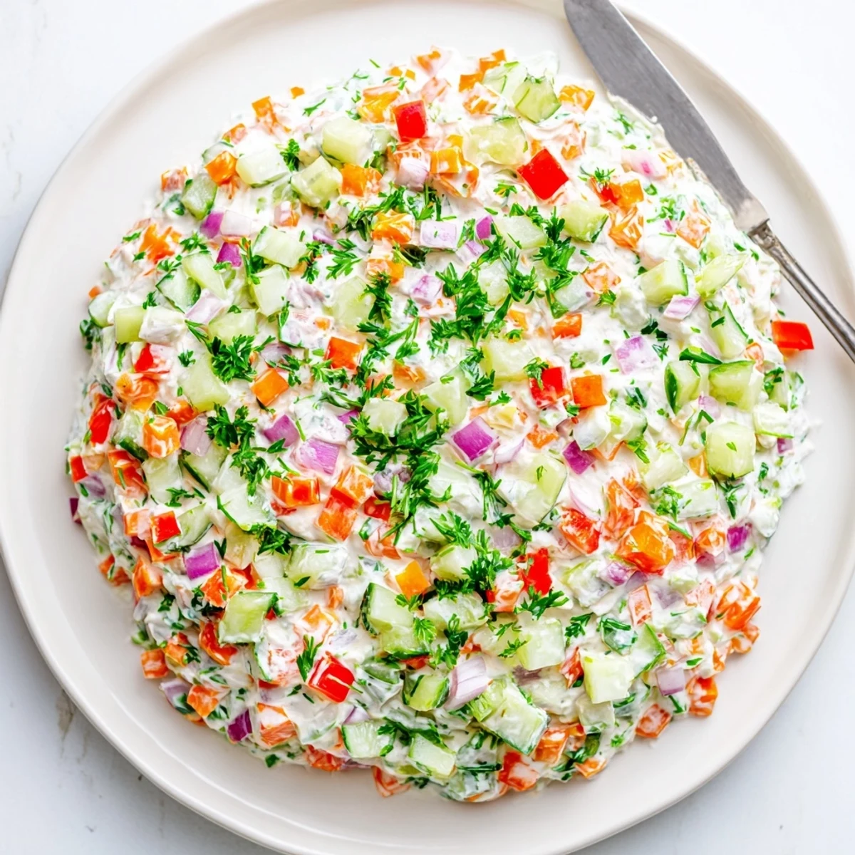 Garden vegetable spread recipe featuring fresh vegetables and herbs for dipping