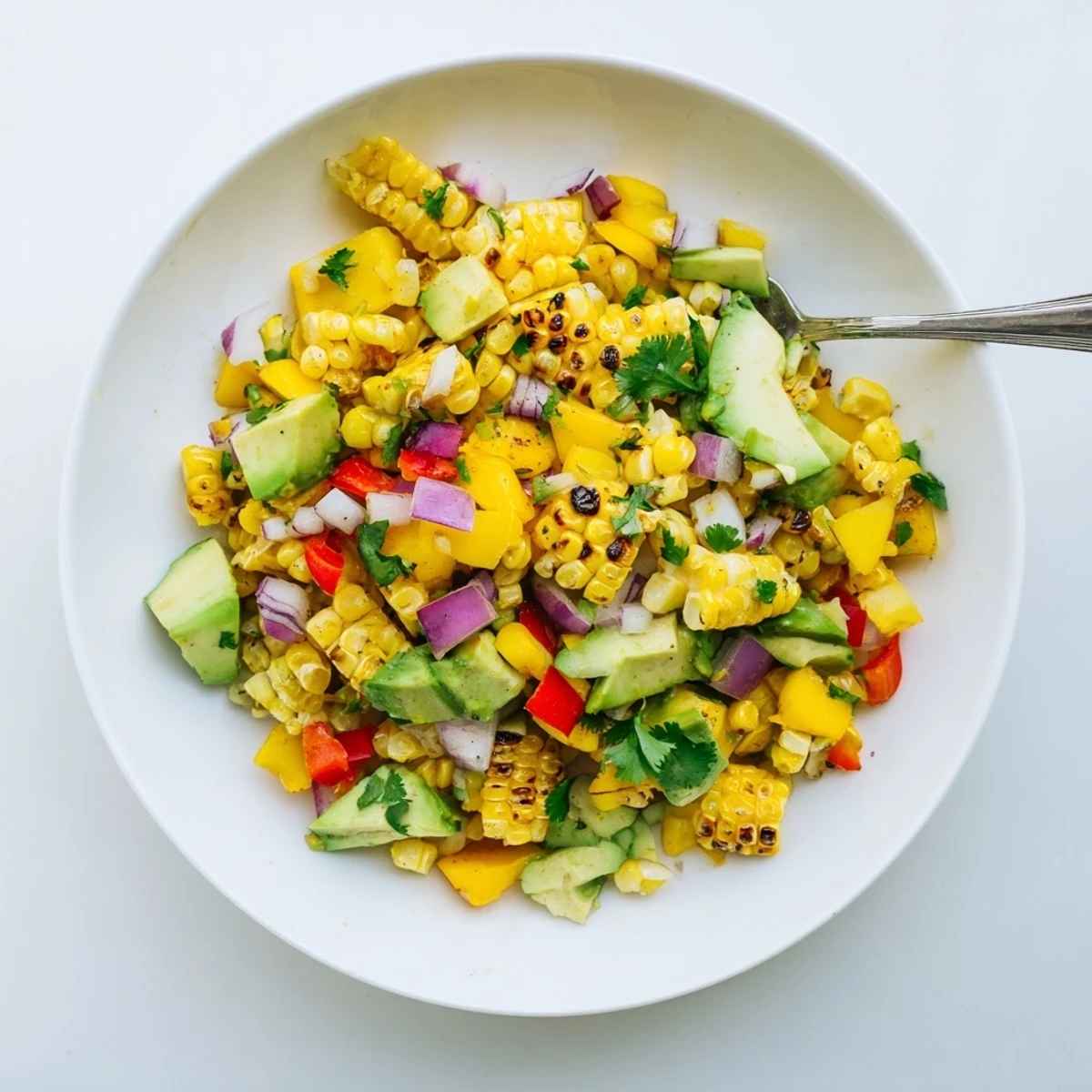Golden charred corn kernels mixed with creamy avocado and tropical fruit in a vibrant bowl
