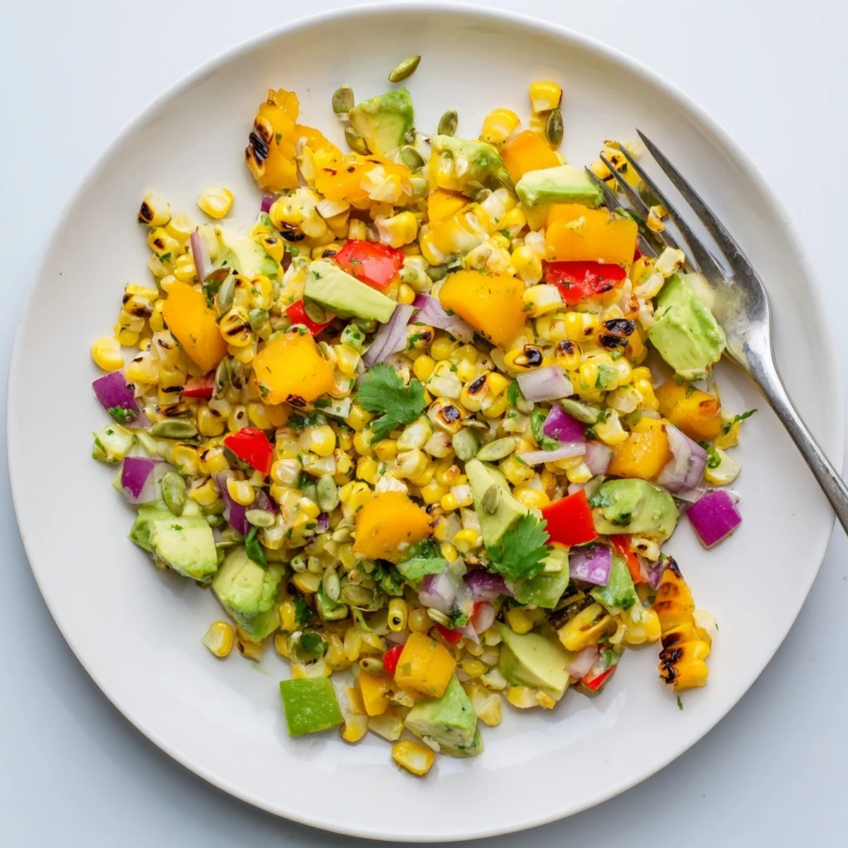 Fresh tropical charred corn and avocado salad topped with cilantro and zesty lime dressing