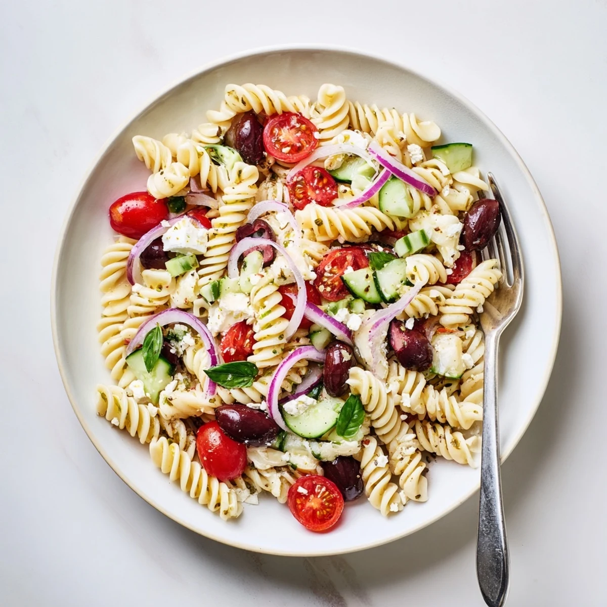 Sun Dried Tomato Pasta Salad with tangy dressing, basil aroma, chilled for picnics