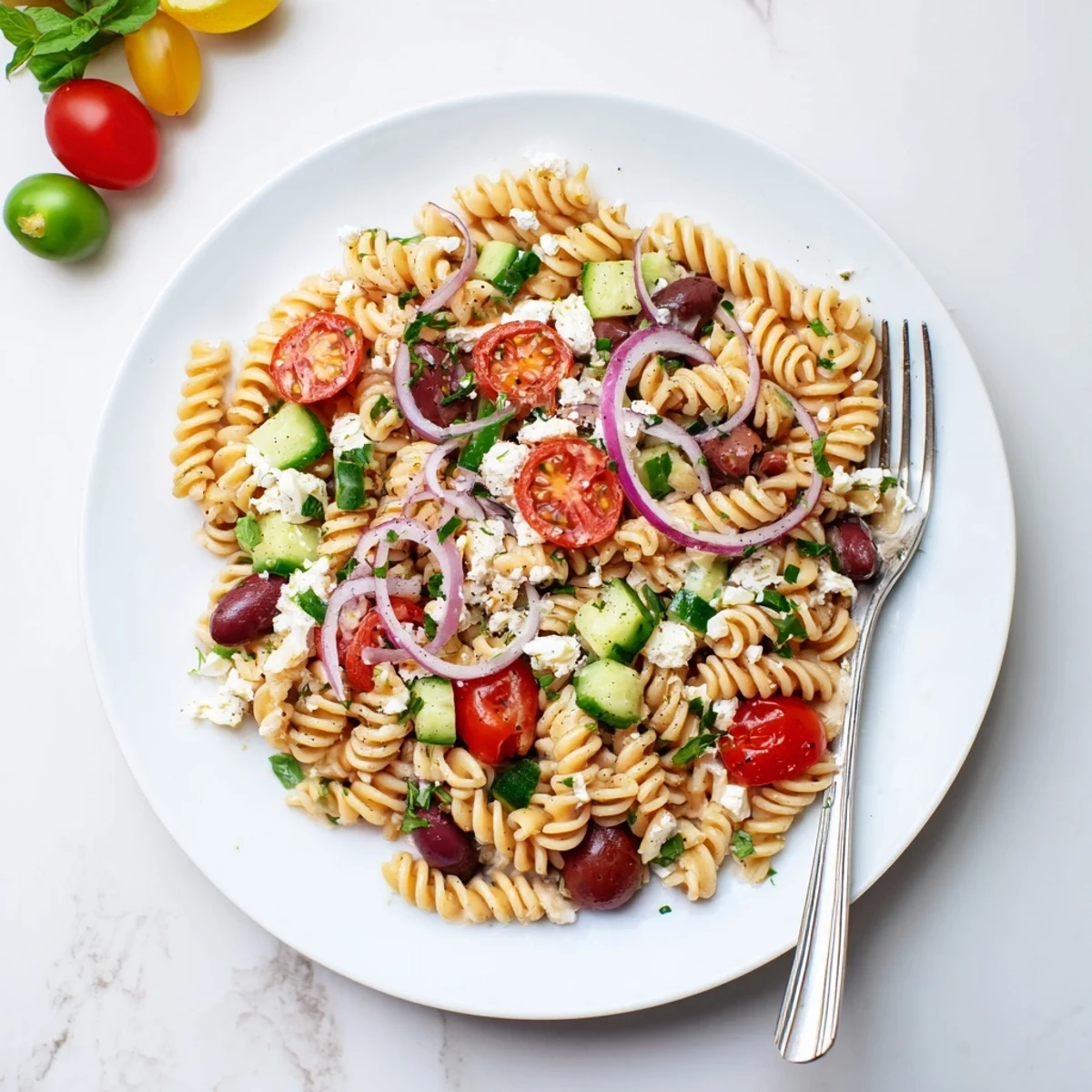 Creamy feta-studded Sun Dried Tomato Pasta Salad tossed with olives, cucumber