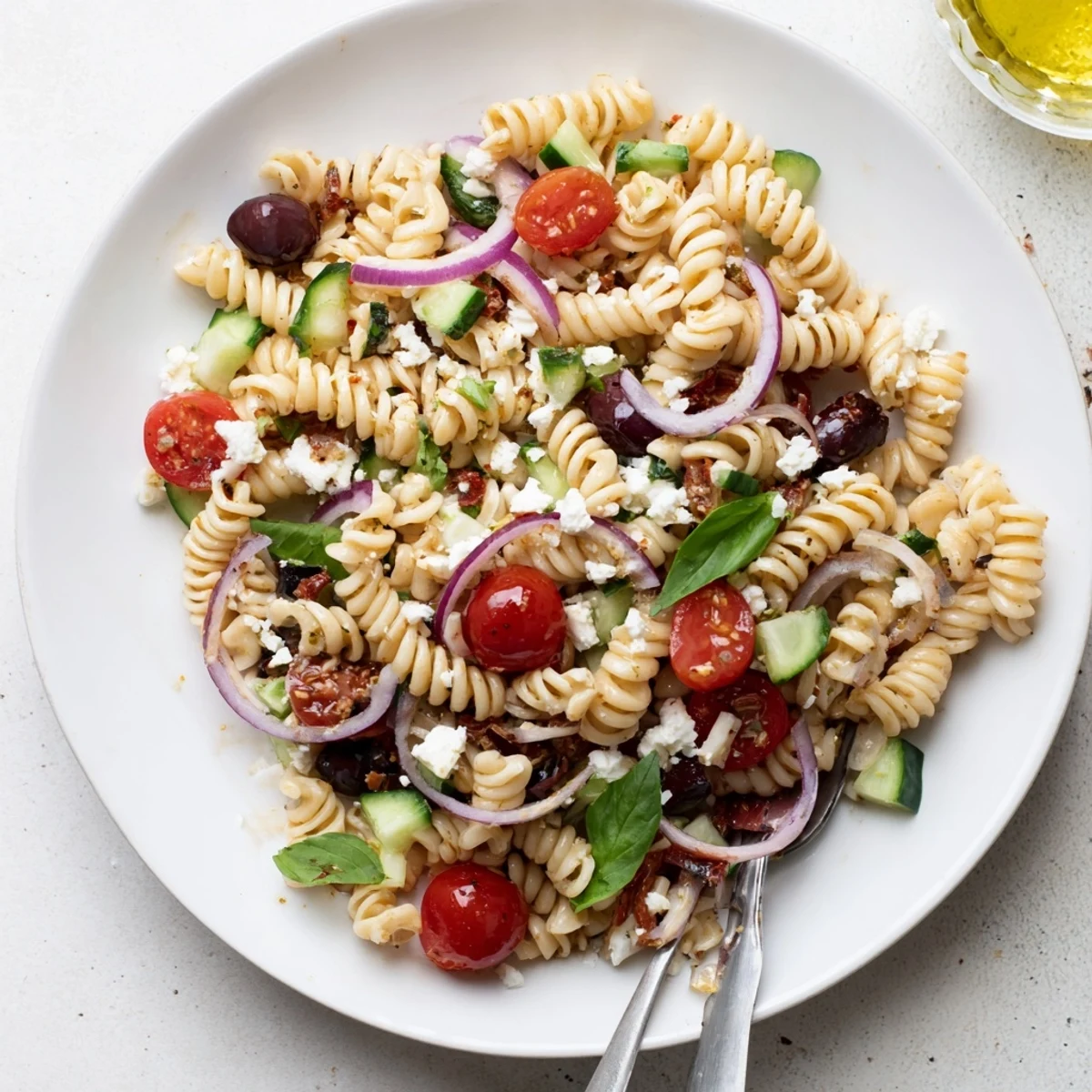 Bright Sun Dried Tomato Pasta Salad served cold with zesty garlic vinaigrette