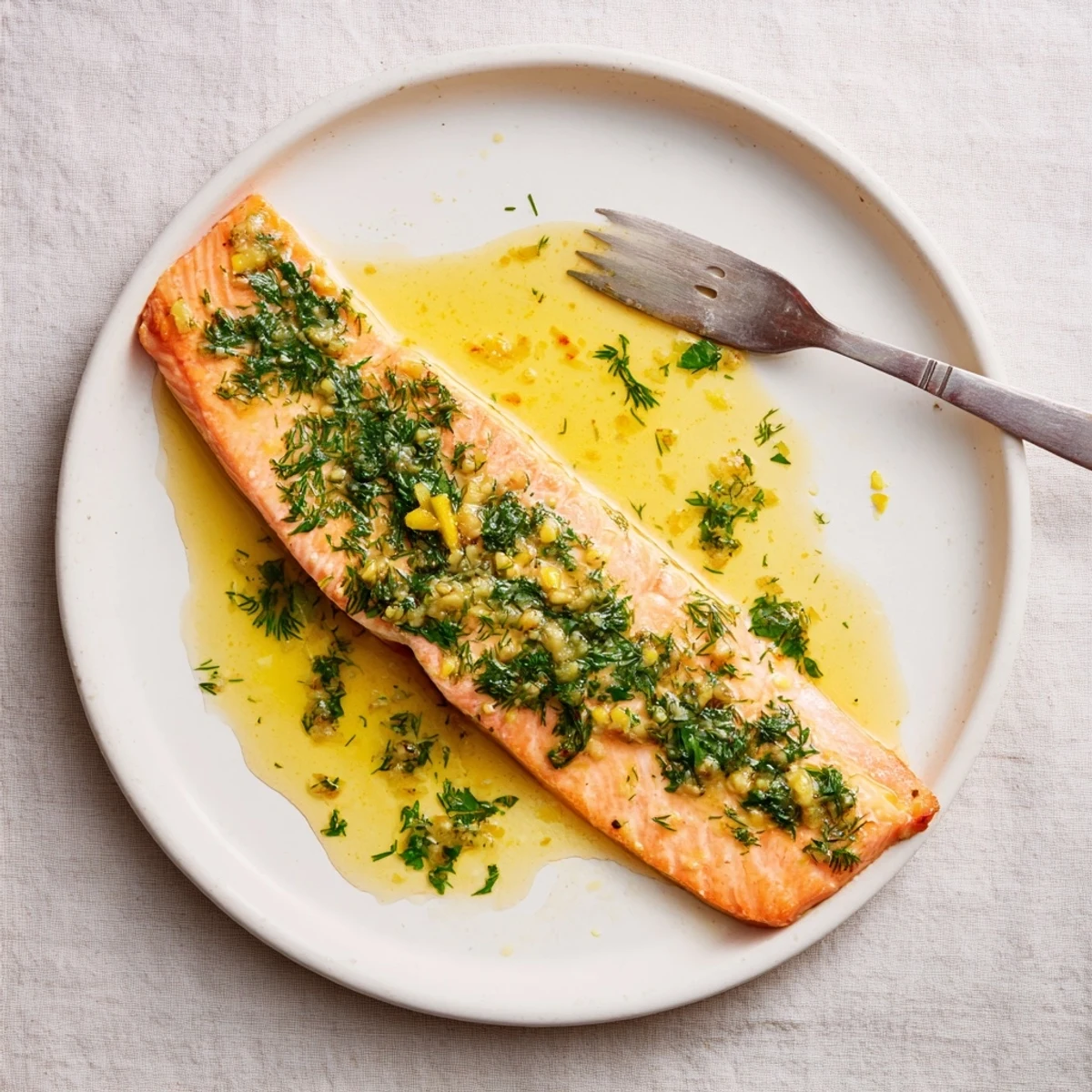 Garlic Butter Ghee Salmon Bake: glossy, herb-crusted fillets steaming on baking dish