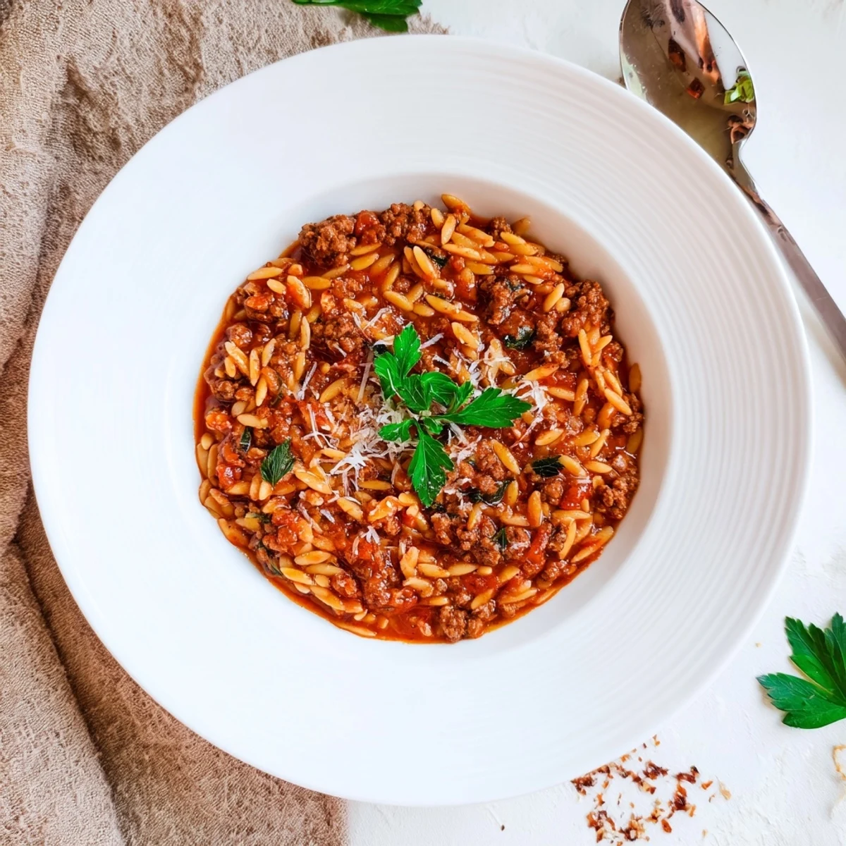 Hearty Ground Beef Orzo Greek Manestra Recipe steaming in a pot, aromatic.