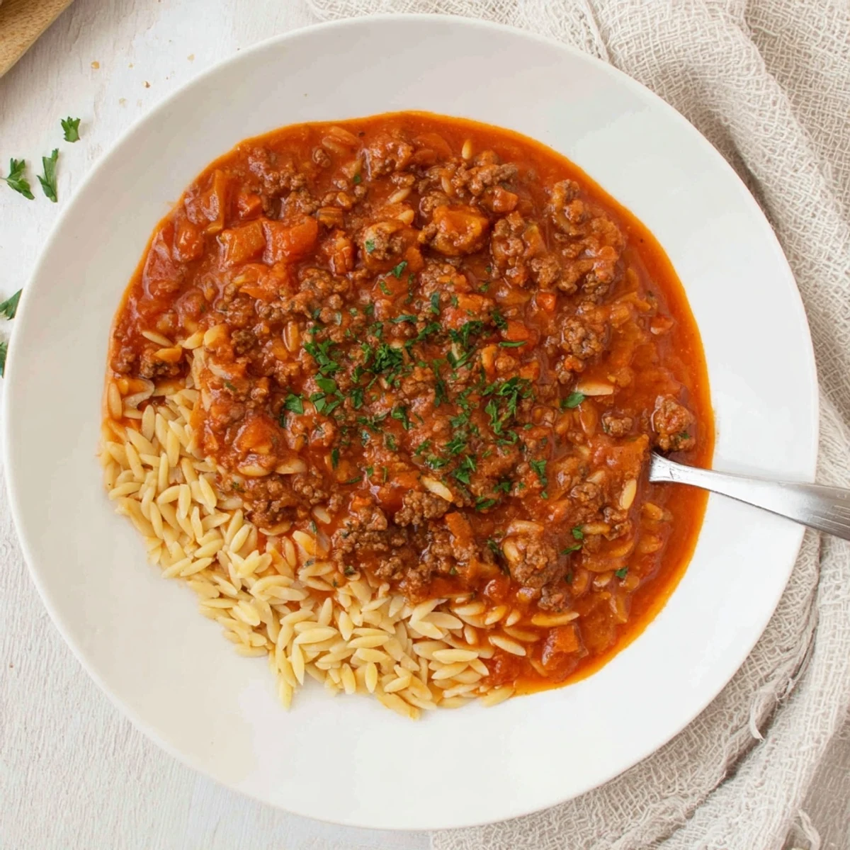 Ground Beef Orzo Greek Manestra Recipe bubbling, tender orzo soaking up savory broth.