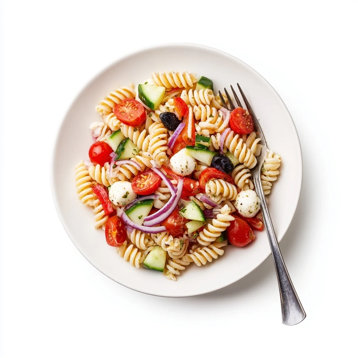 Italian Pasta Salad with colorful cherry tomatoes, mozzarella, and tangy vinaigrette