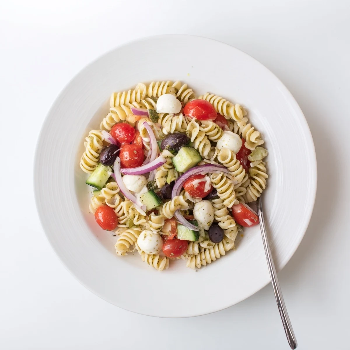 Chilled Italian Pasta Salad tossed with fresh basil, crisp cucumbers, and olives