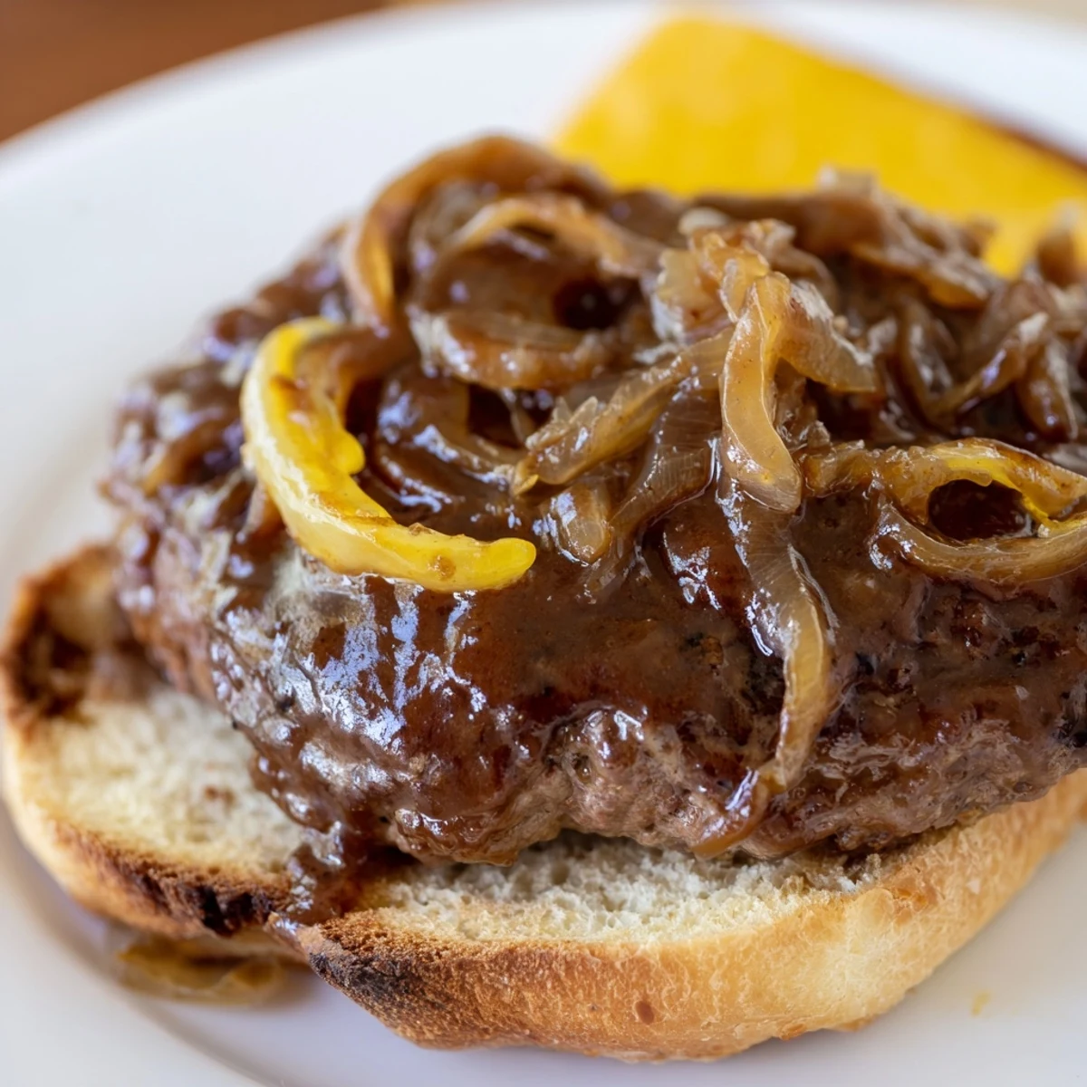 Juicy smothered hamburger steak sandwiches dripping with rich brown onion gravy on toasted buns