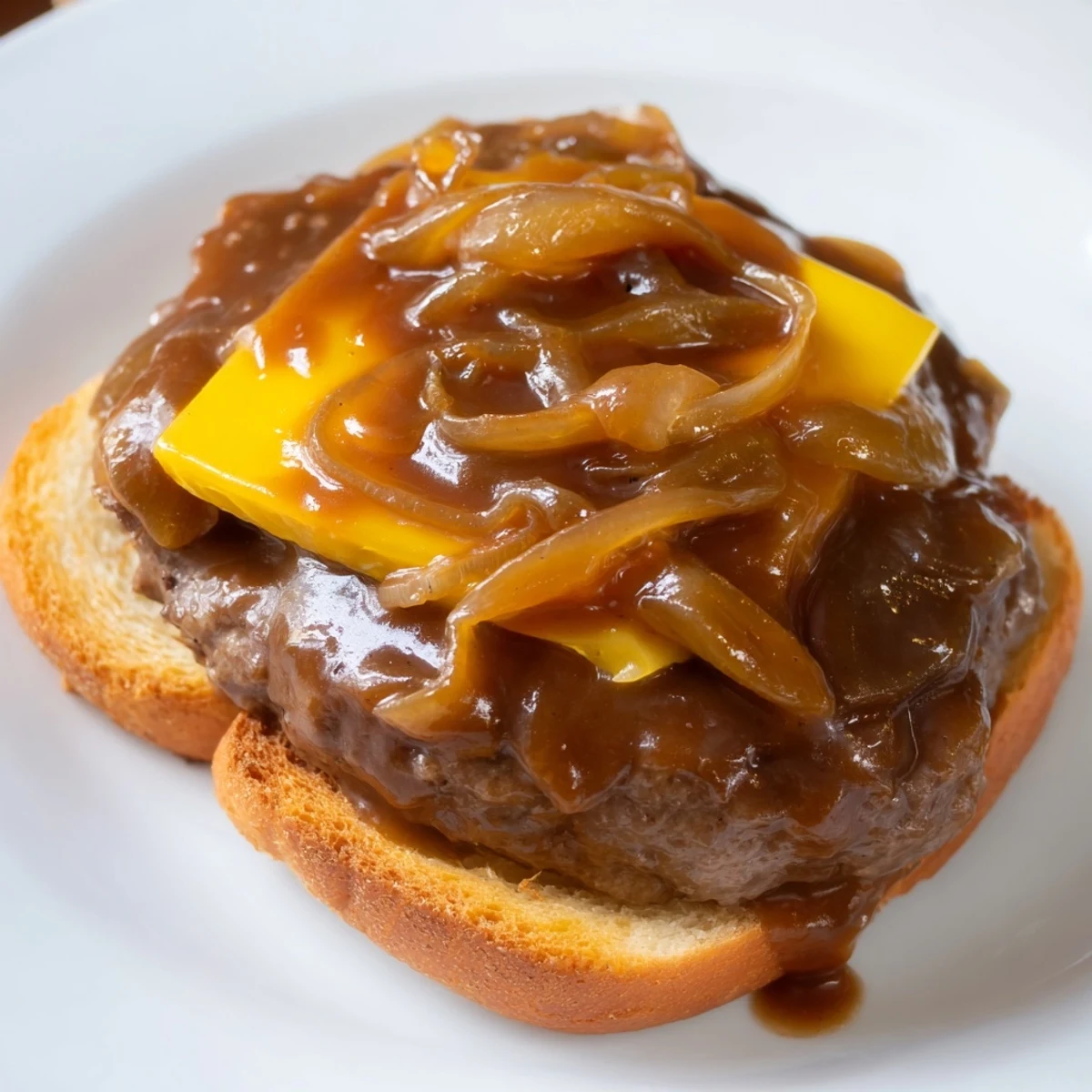 Golden caramelized onions blanket tender smothered hamburger steak sandwiches in a hearty skillet meal