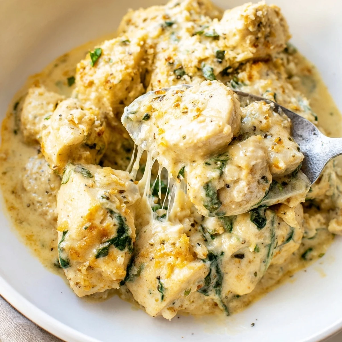 Golden bubbling Creamy Chicken Spinach Casserole fresh from the oven with melted cheese