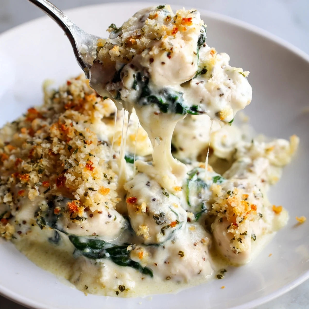 Steaming spoonful of Creamy Chicken Spinach Casserole served in a rustic white bowl