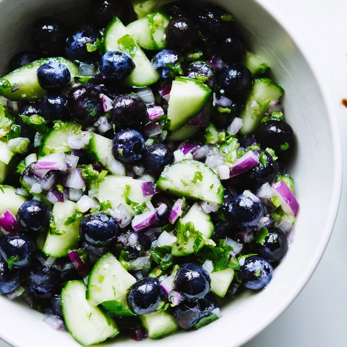 A bright bowl of blueberry cucumber salsa studded with plump berries and crisp green chunks
