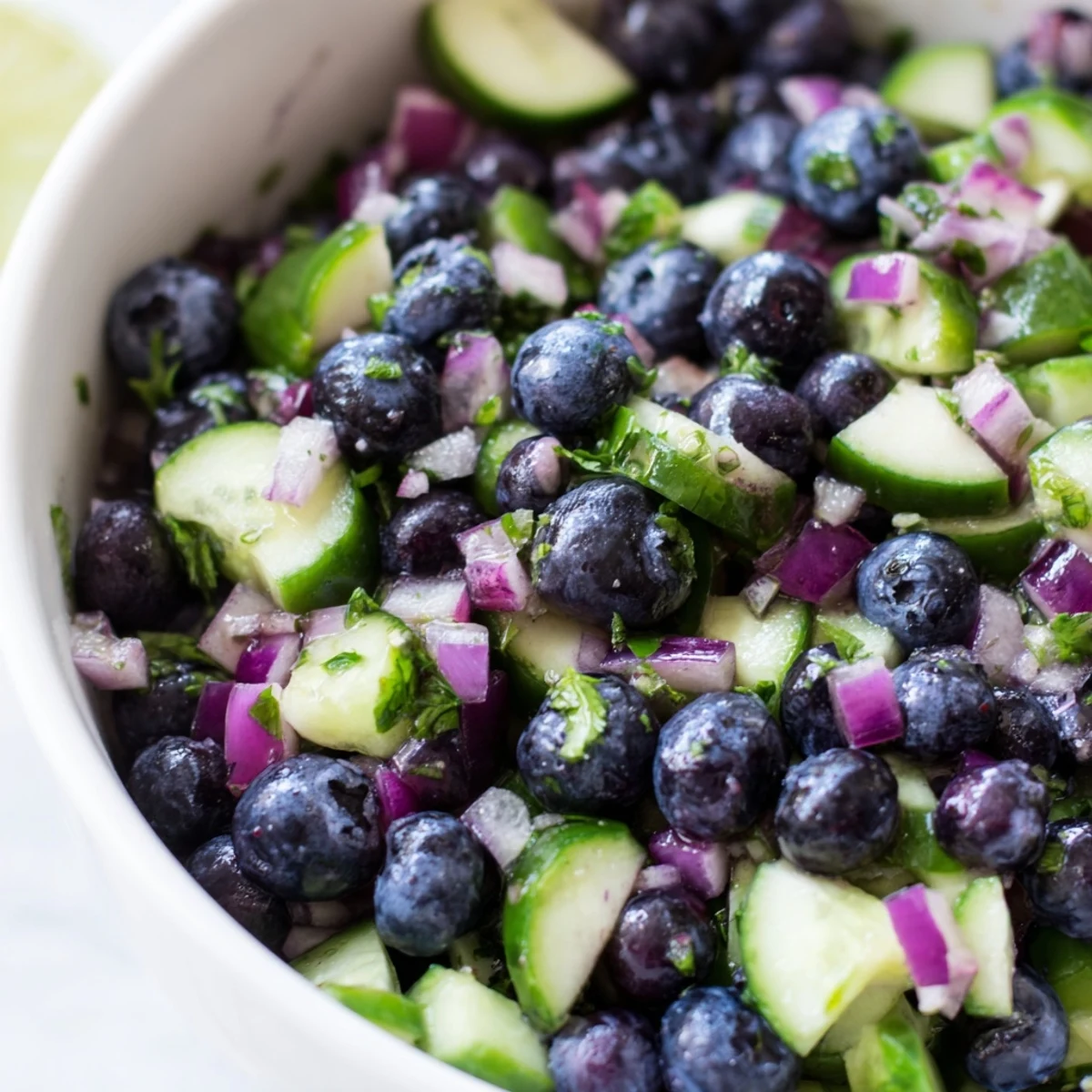 Fresh blueberry cucumber salsa scooped onto a tortilla chip with lime and cilantro visible