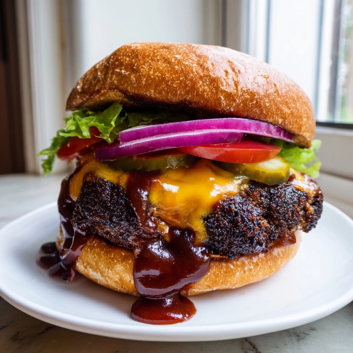 Juicy Coffee Rub Burgers With Smoky BBQ Sauce grilled to a dark, caramelized crust