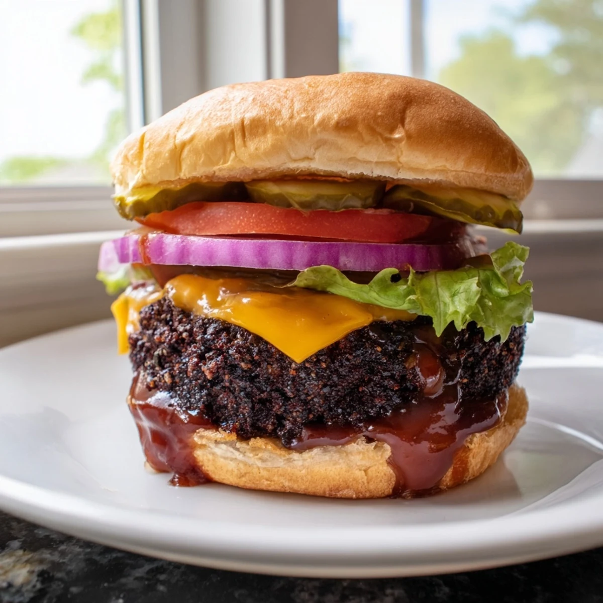 A stacked Coffee Rub Burgers With Smoky BBQ Sauce on a toasted bun with pickles