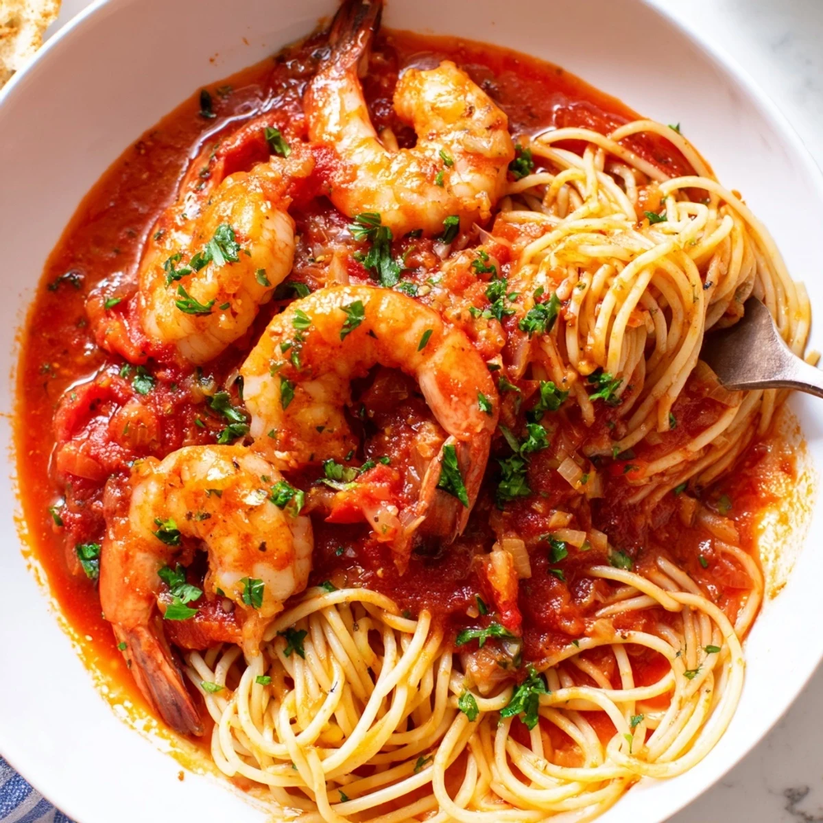 Plump shrimp simmered in a fiery red tomato sauce, garnished with fresh parsley leaves.