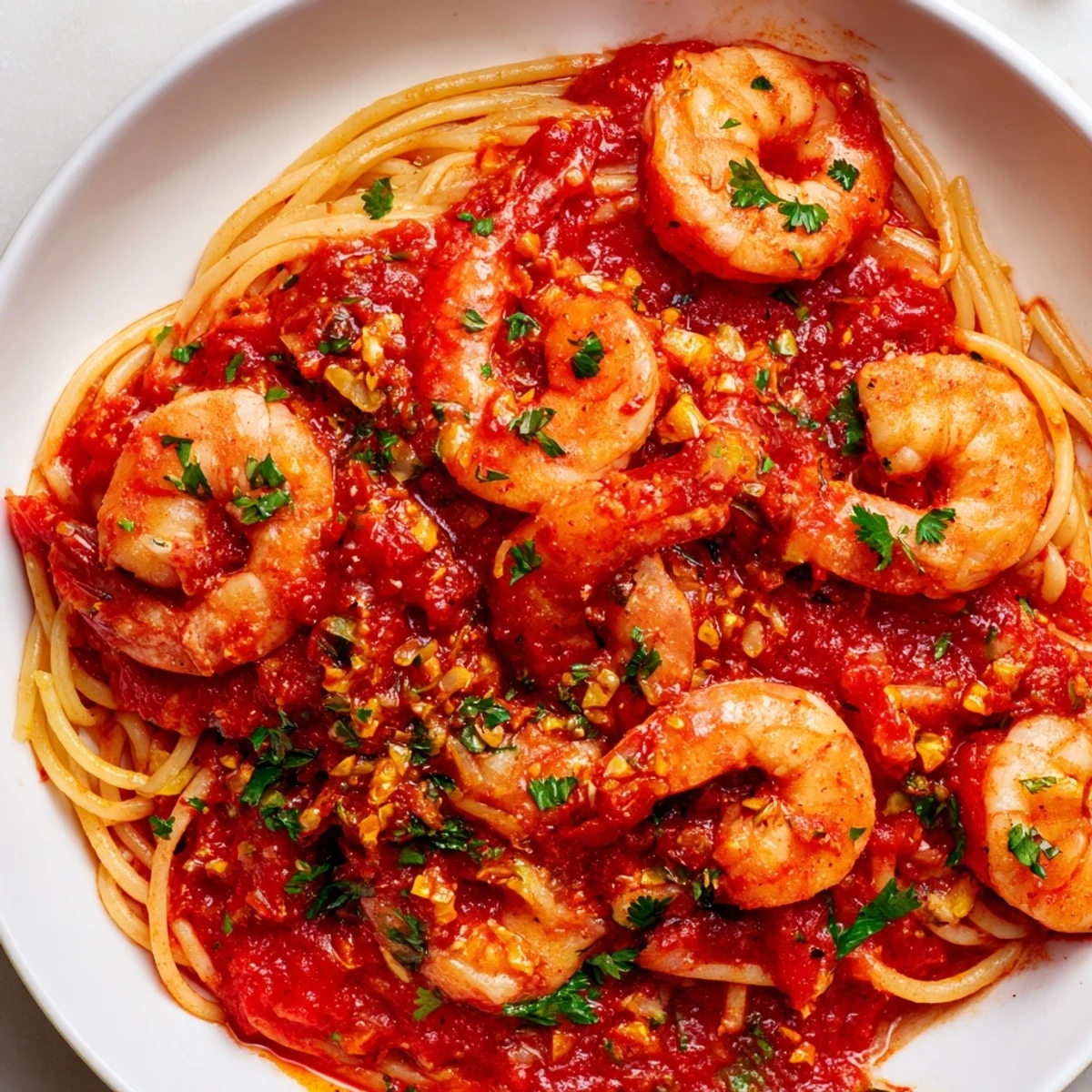 Golden pan-seared shrimp nestled in a chunky, herb-flecked tomato sauce with a subtle spicy kick.