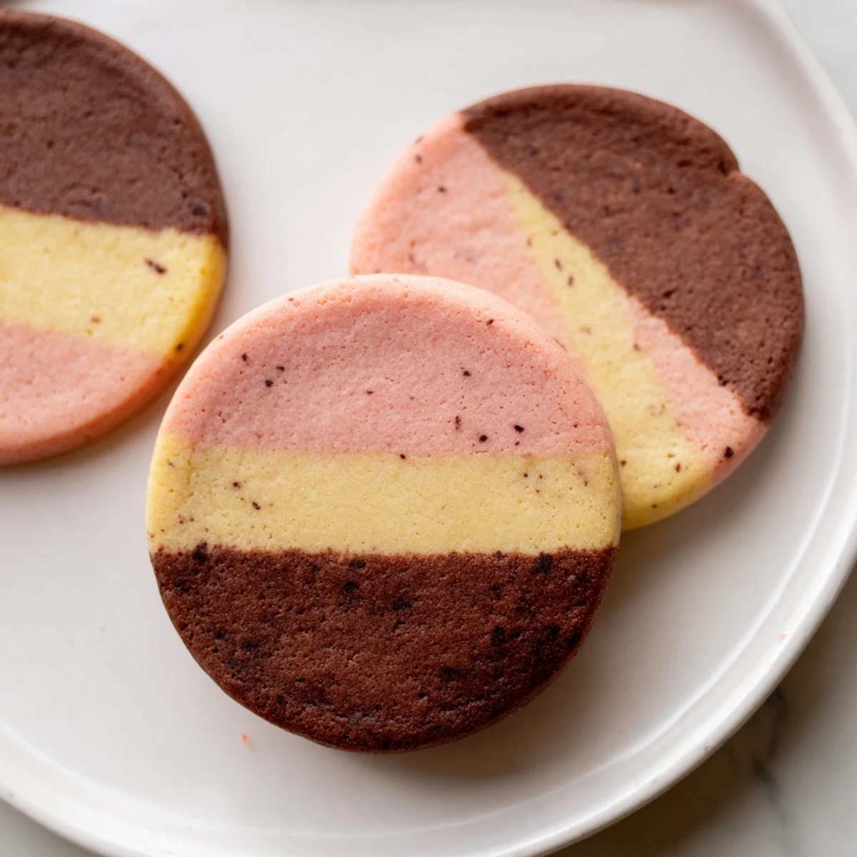 Colorful Neapolitan Cookies sliced to reveal chocolate, vanilla, and strawberry layers on a rustic baking sheet