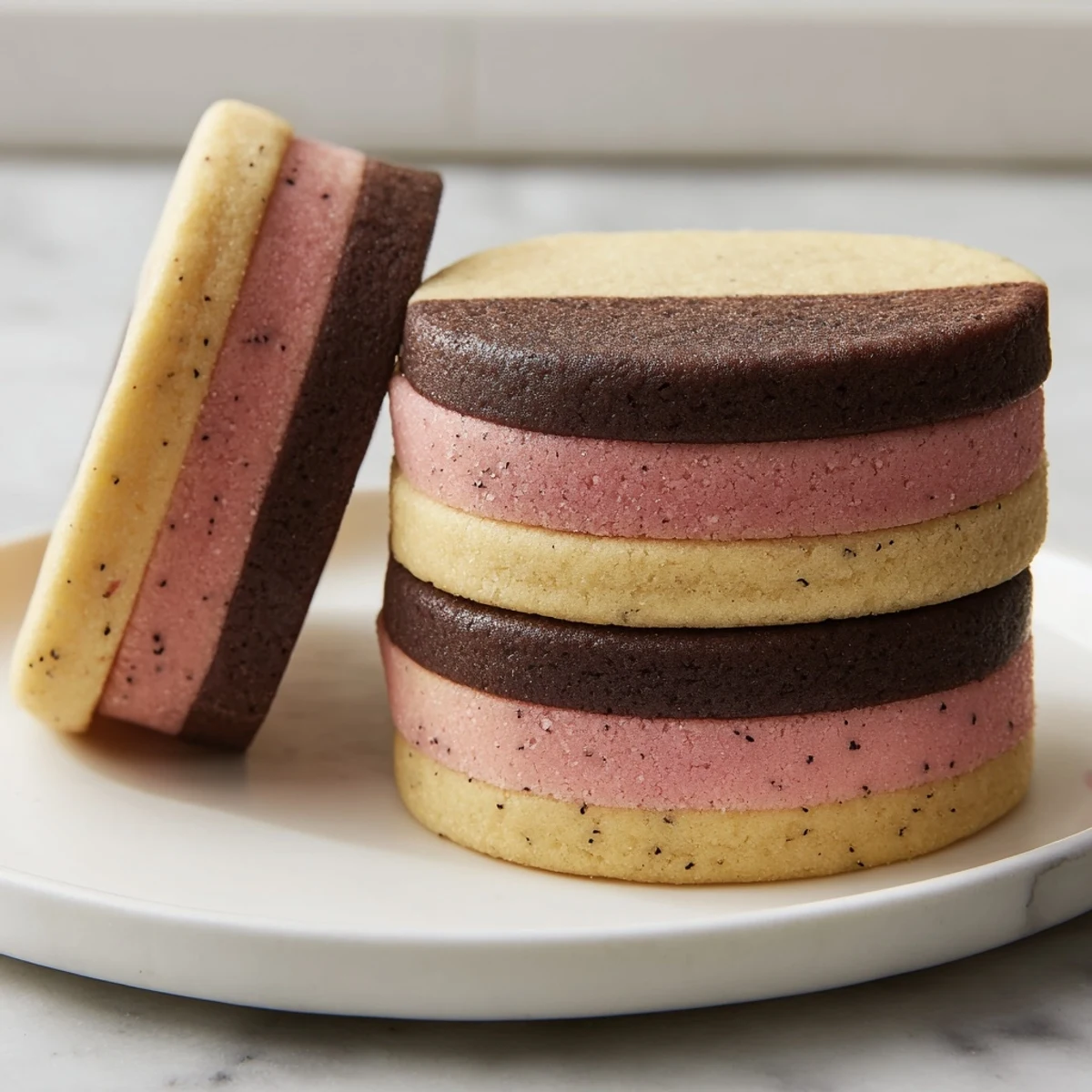 Freshly baked Neapolitan Cookies with golden edges arranged on parchment paper for a sweet dessert display