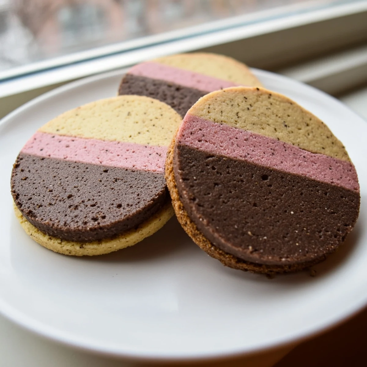 Tri-colored Neapolitan Cookies featuring rich chocolate, creamy vanilla, and pink strawberry dough stacked together beautifully