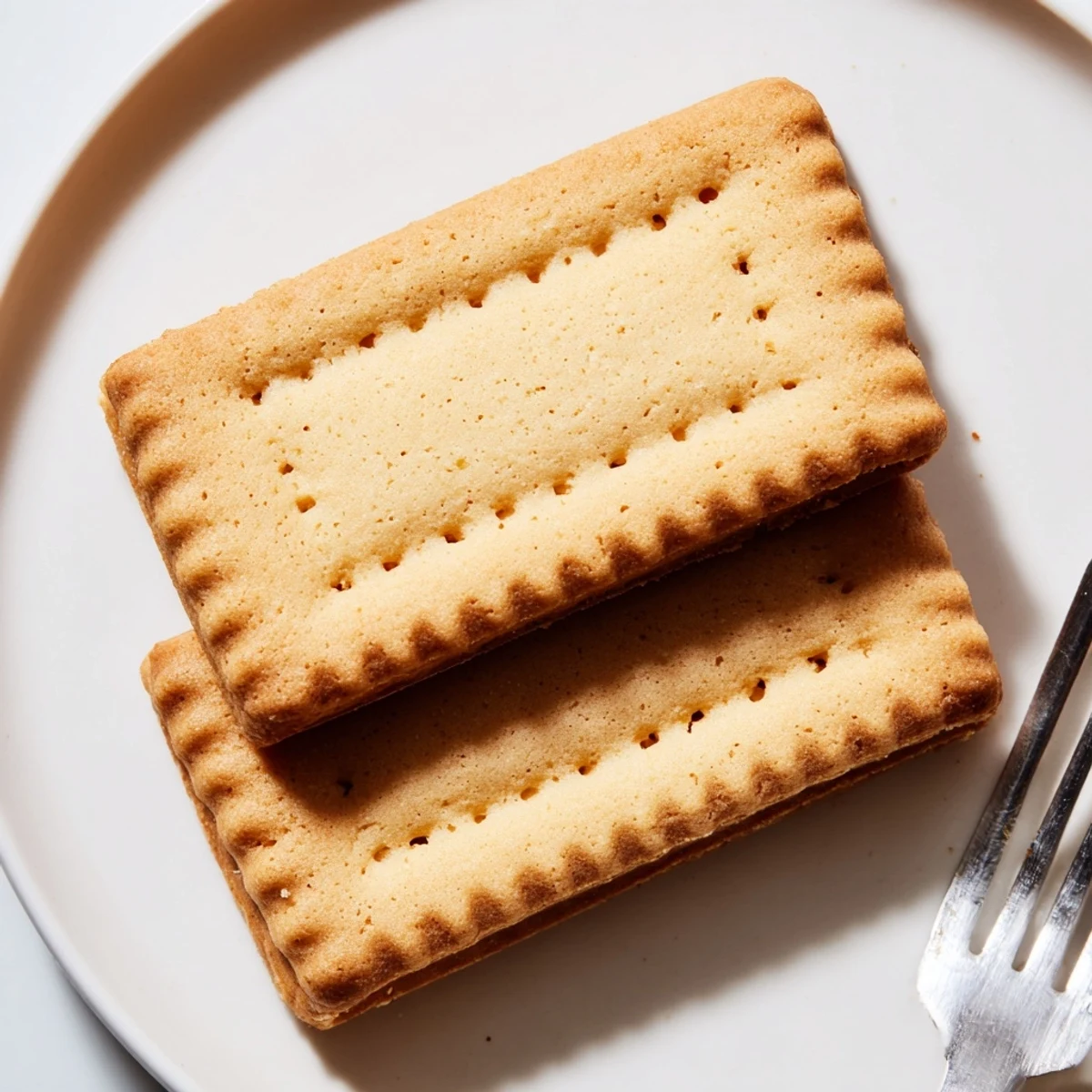 Classic Petit Beurre shortbread cookies with fork holes stacked beside afternoon tea