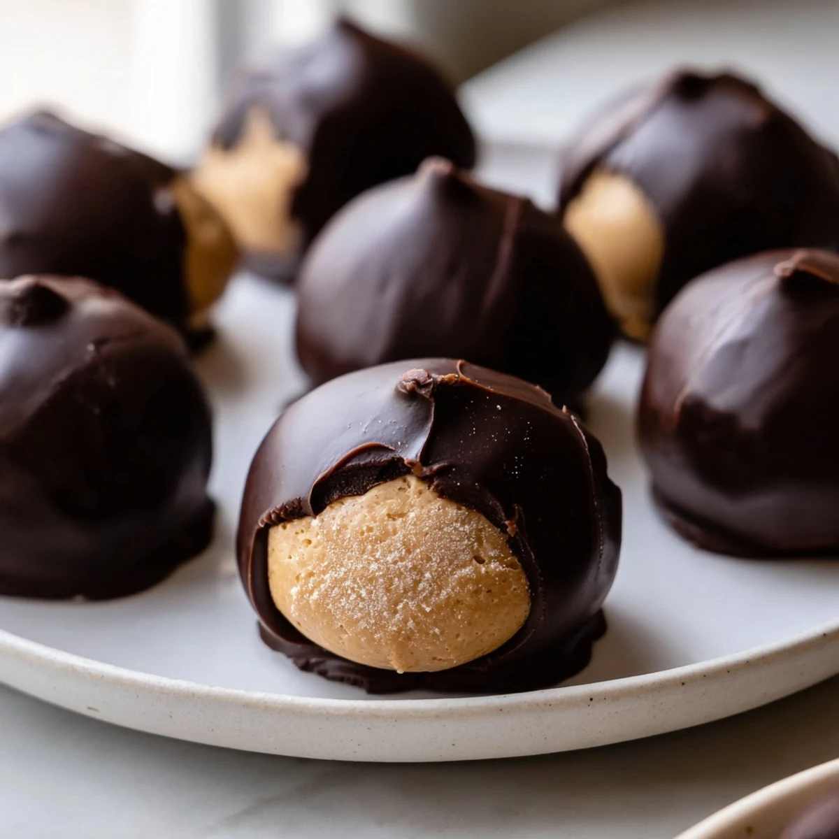 Buckeye Cookies with glossy chocolate coating and creamy peanut butter filling on a rustic plate