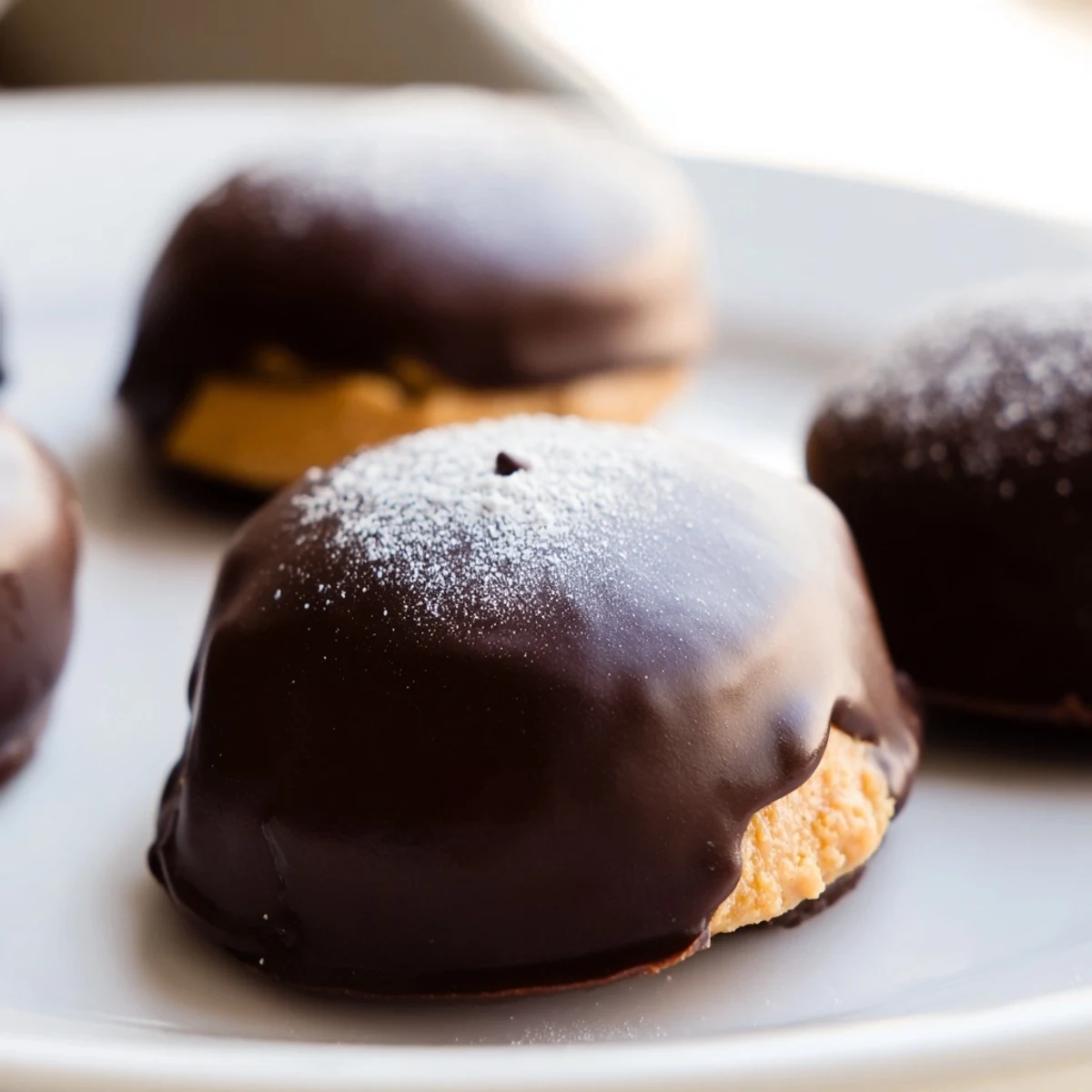Homemade Buckeye Cookies arranged on parchment with a velvety chocolate shell and soft peanut center