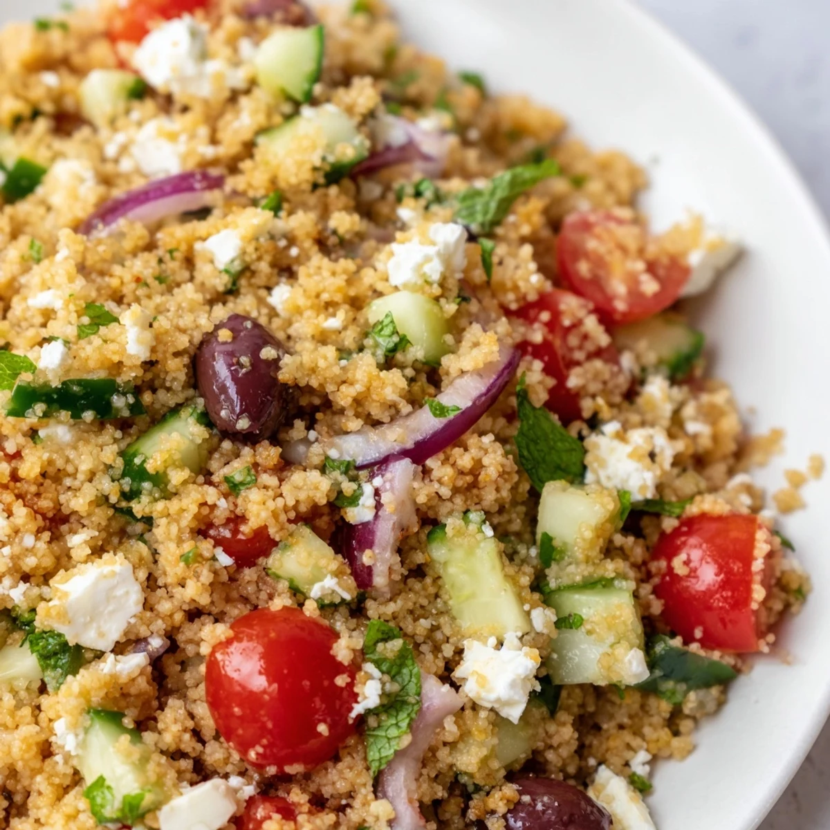 A vibrant Mediterranean Couscous Salad tossed with colorful vegetables and tangy dressing