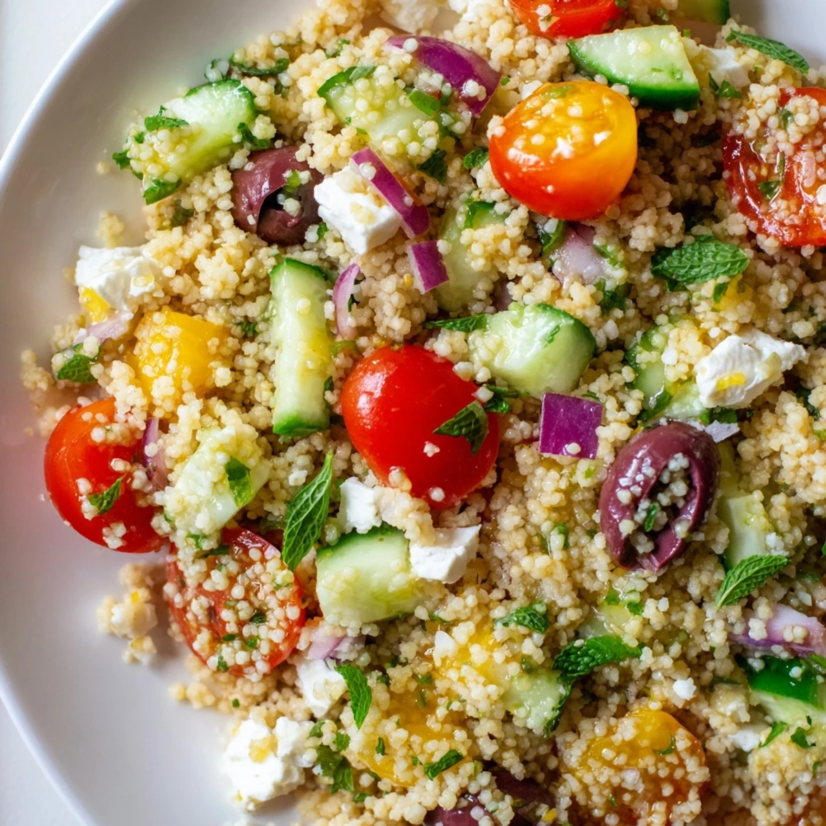 Fluffy couscous studded with juicy tomatoes, briny olives, and feta in a bright bowl