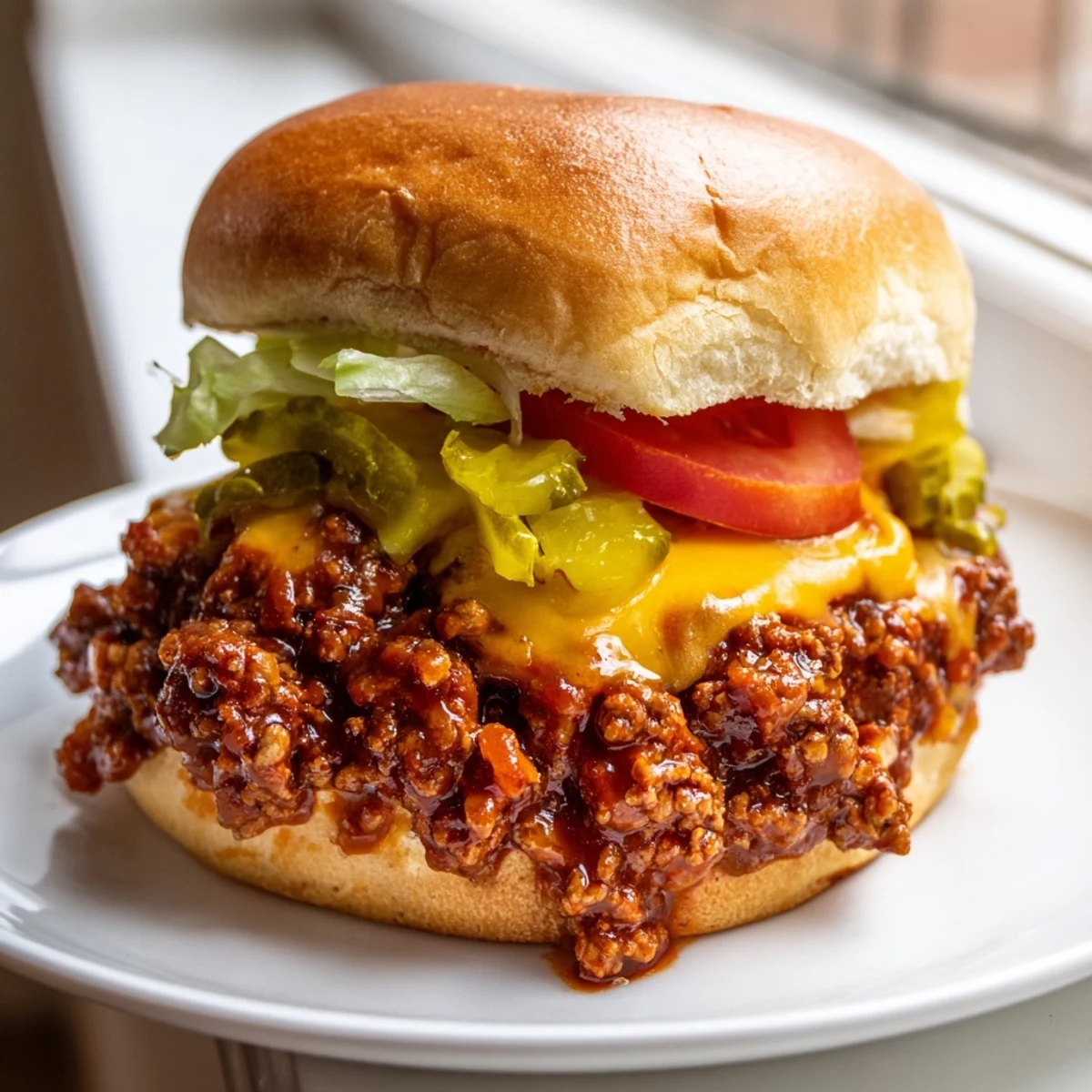 Smash Burger Sloppy Joes with gooey melted cheese pickles and a soft hamburger bun