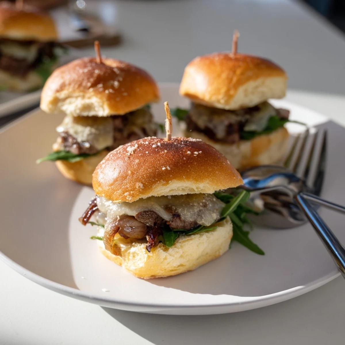 Juicy filet mignon sliders on golden garlic parmesan rolls with melted cheese and arugula