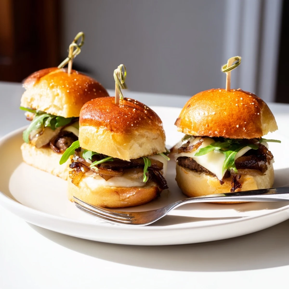 Tender filet mignon sliders served on warm garlic parmesan rolls with caramelized onions