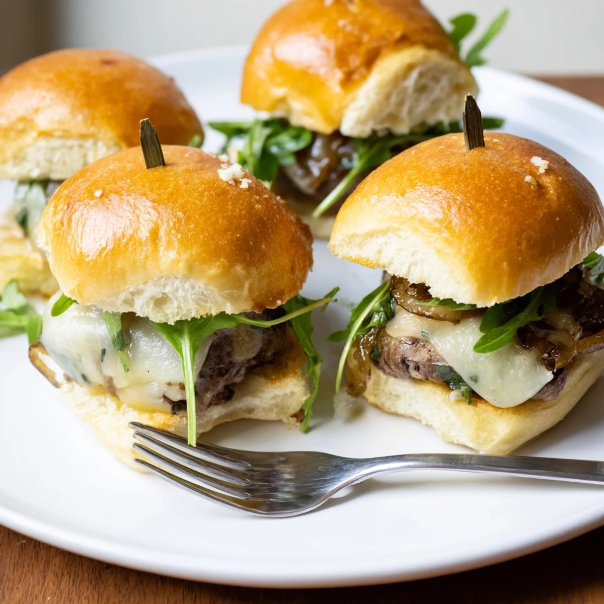 Gourmet filet mignon sliders stacked on toasted garlic parmesan rolls with fresh greens