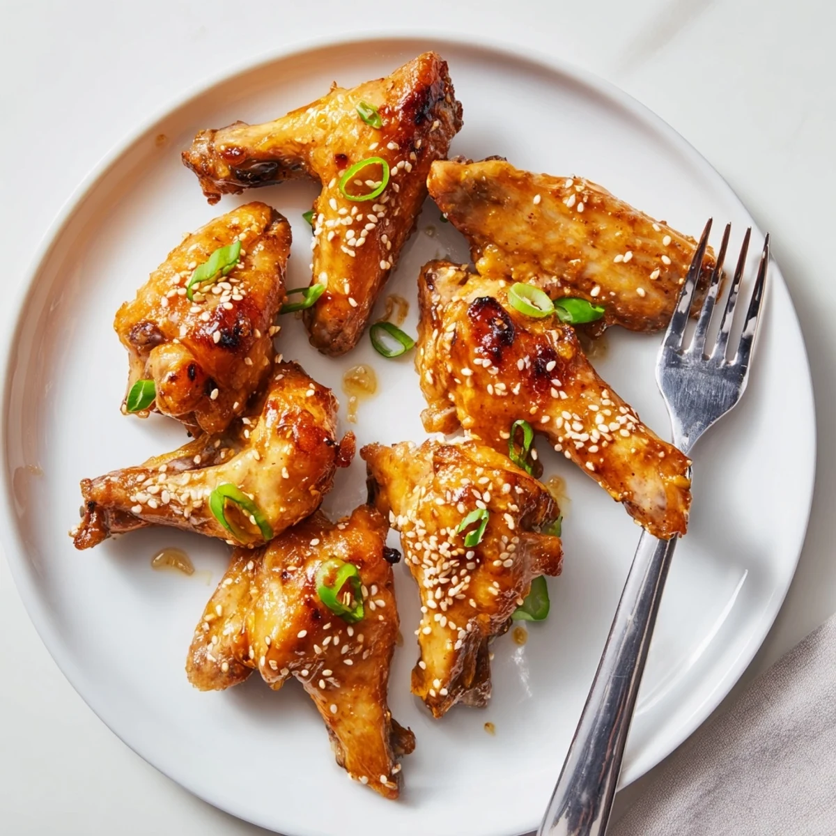 Crispy miso honey marinated chicken wings glazed golden brown on a parchment-lined baking sheet