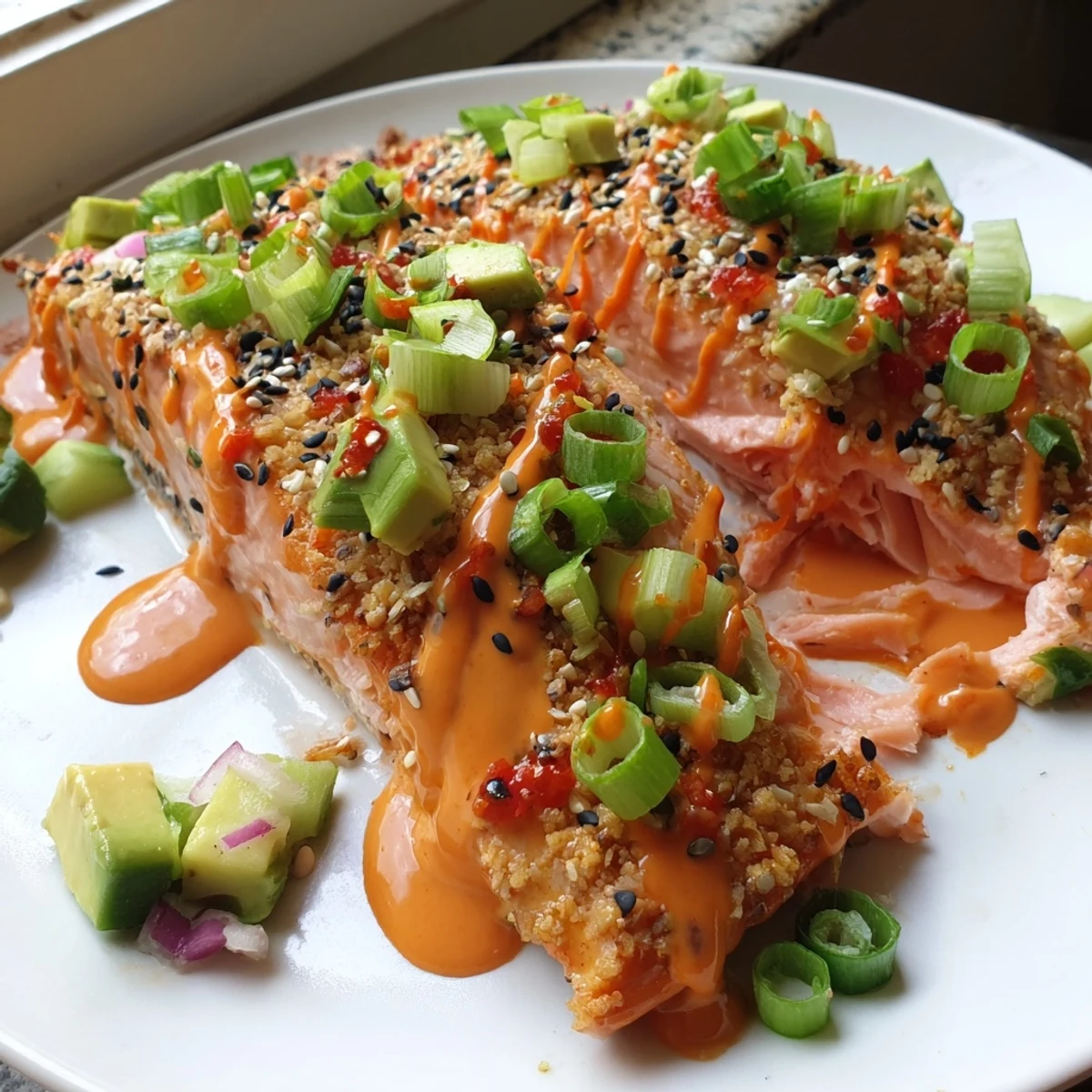 Crispy glazed Bang Bang Salmon topped with creamy avocado cucumber salsa on a white plate