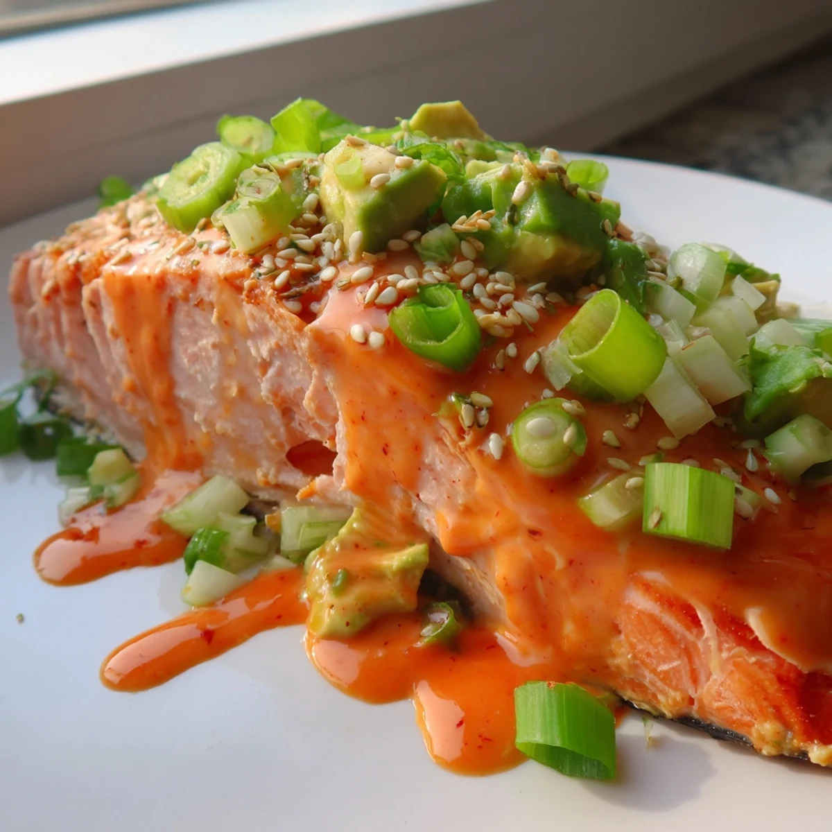 Juicy Bang Bang Salmon fillets drizzled with spicy sauce beside fresh green avocado cucumber salsa