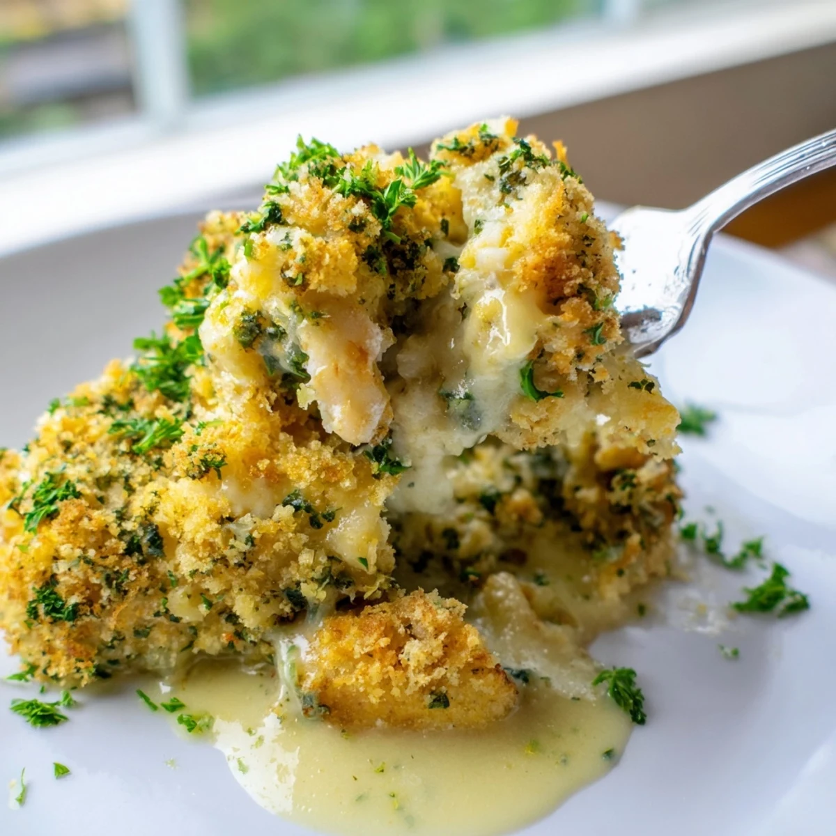 Golden crispy breadcrumb topping on bubbling Chicken Kiev Casserole fresh from the oven.