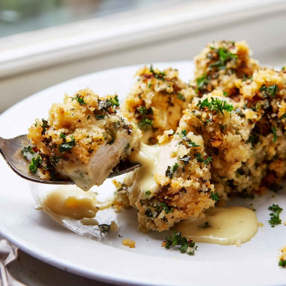 Creamy garlic-herb sauce coats tender chicken pieces in this hearty Chicken Kiev Casserole.