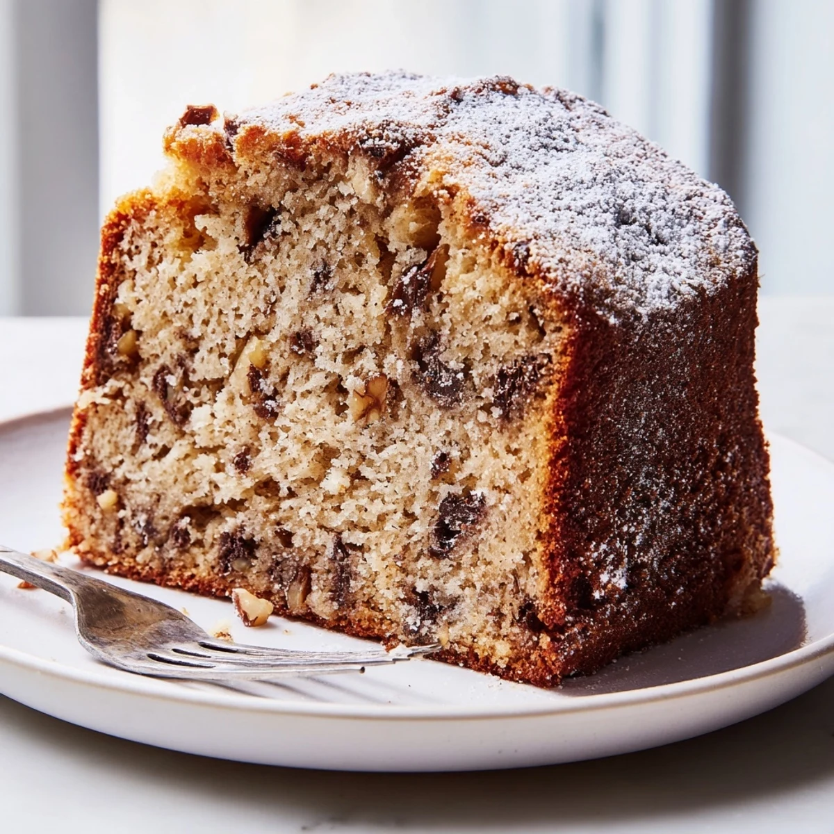 A golden banana cake slice topped with creamy frosting on a white plate