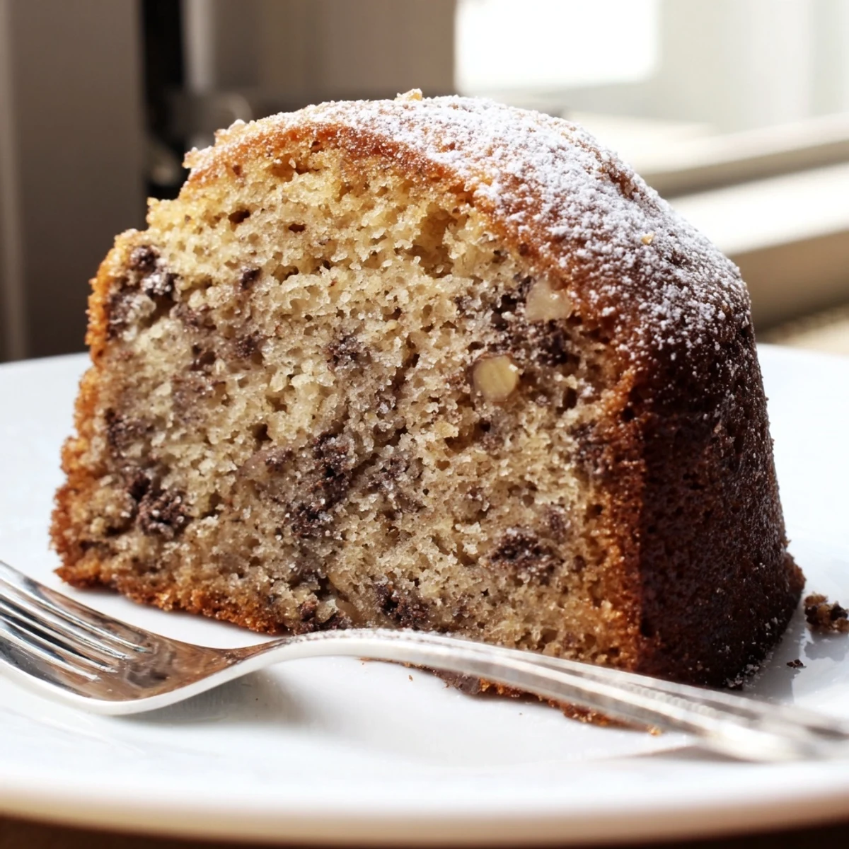 Freshly baked banana cake dusted with powdered sugar beside a steaming cup of tea