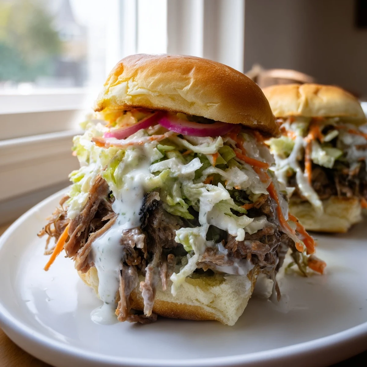Creamy Alabama white sauce pulled lamb sliders topped with tangy pickled red onions