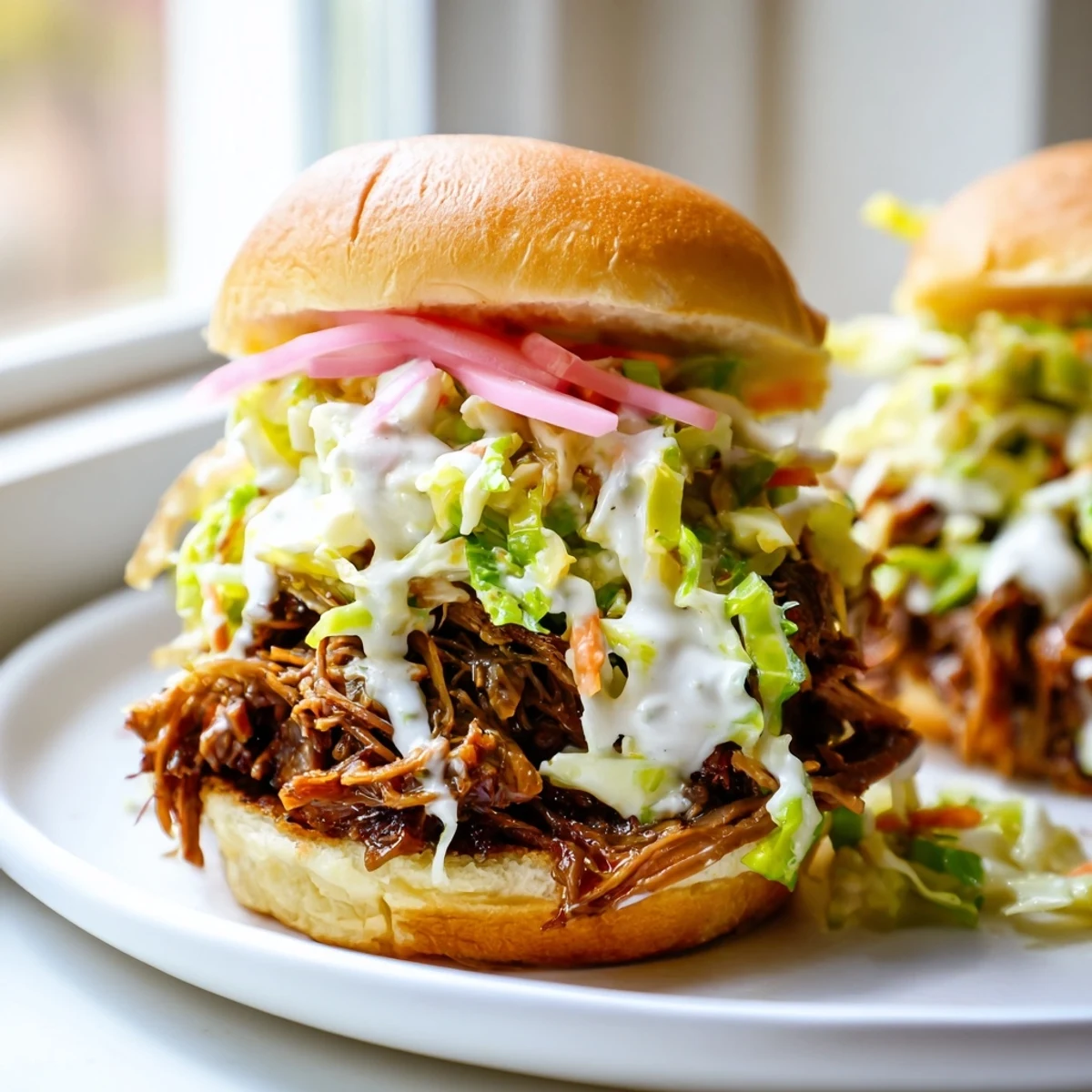 Juicy Alabama white sauce pulled lamb sliders piled on toasted buns with crunchy slaw