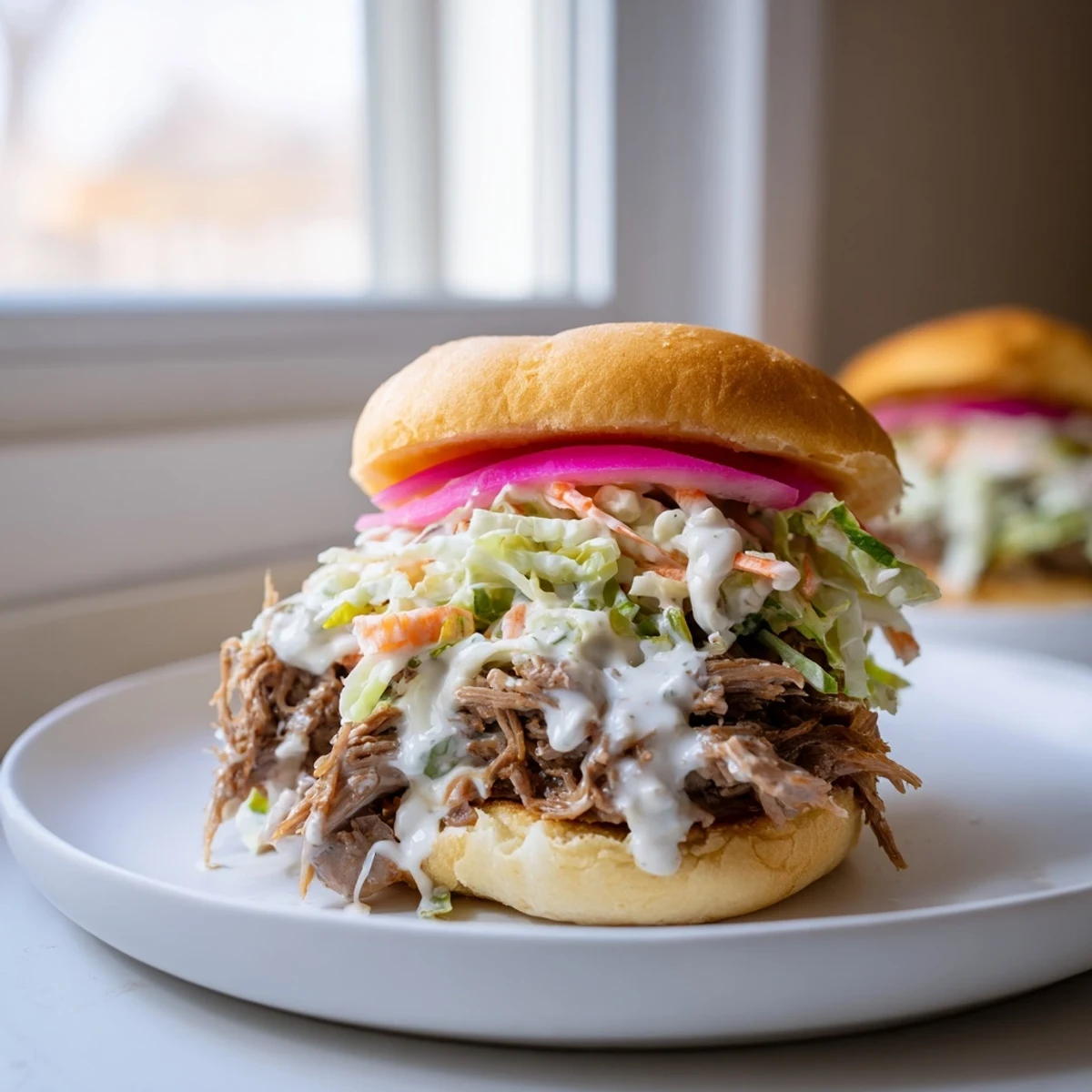 Tender shredded lamb coated in Alabama white sauce served on soft golden slider buns