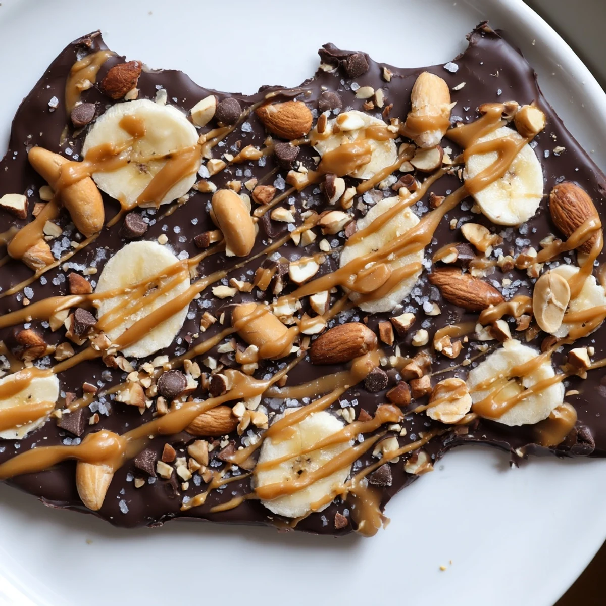 Crunchy chocolate banana bark topped with roasted nuts and flaky sea salt