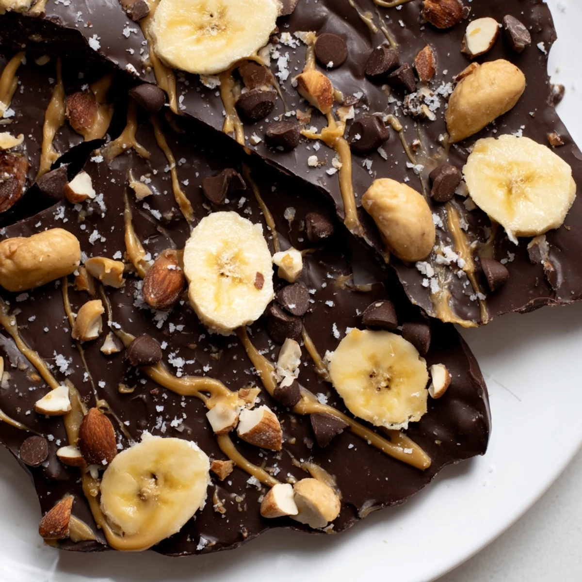 Frozen chocolate banana bark broken into rustic shards sprinkled with mini chocolate chips