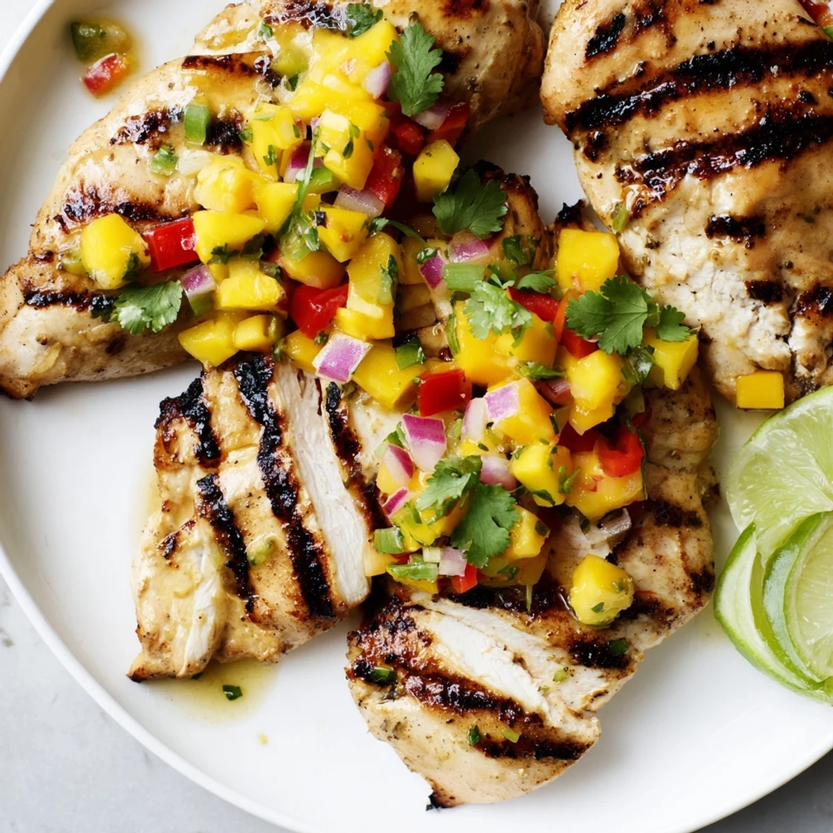 Golden honey lime chicken with colorful mango salsa on a white plate
